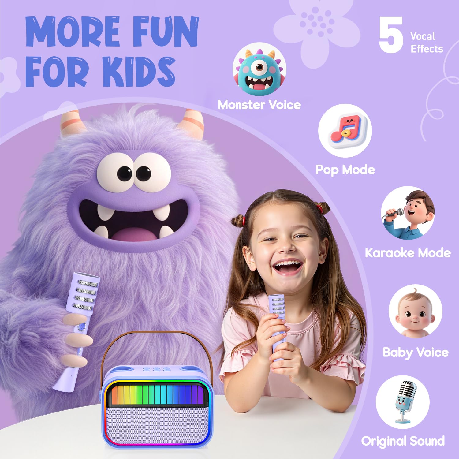 Machine de karaoké pour Enfants et Adultes, Jouets pour Enfants de 3 à 12 Ans, Cadeaux d'anniversaire pour Filles, Enceinte Bluetooth Portable avec 2 Microphones, Cadeau pour Filles (Violet)