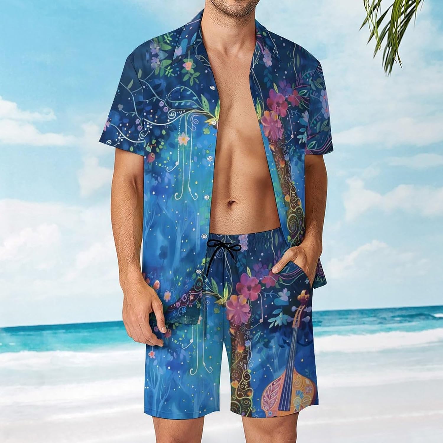 Blue Night Musicians Park Men's Summer Beach Outfits Shirt And Shorts Set 2 Piece Vacation Swimwear
