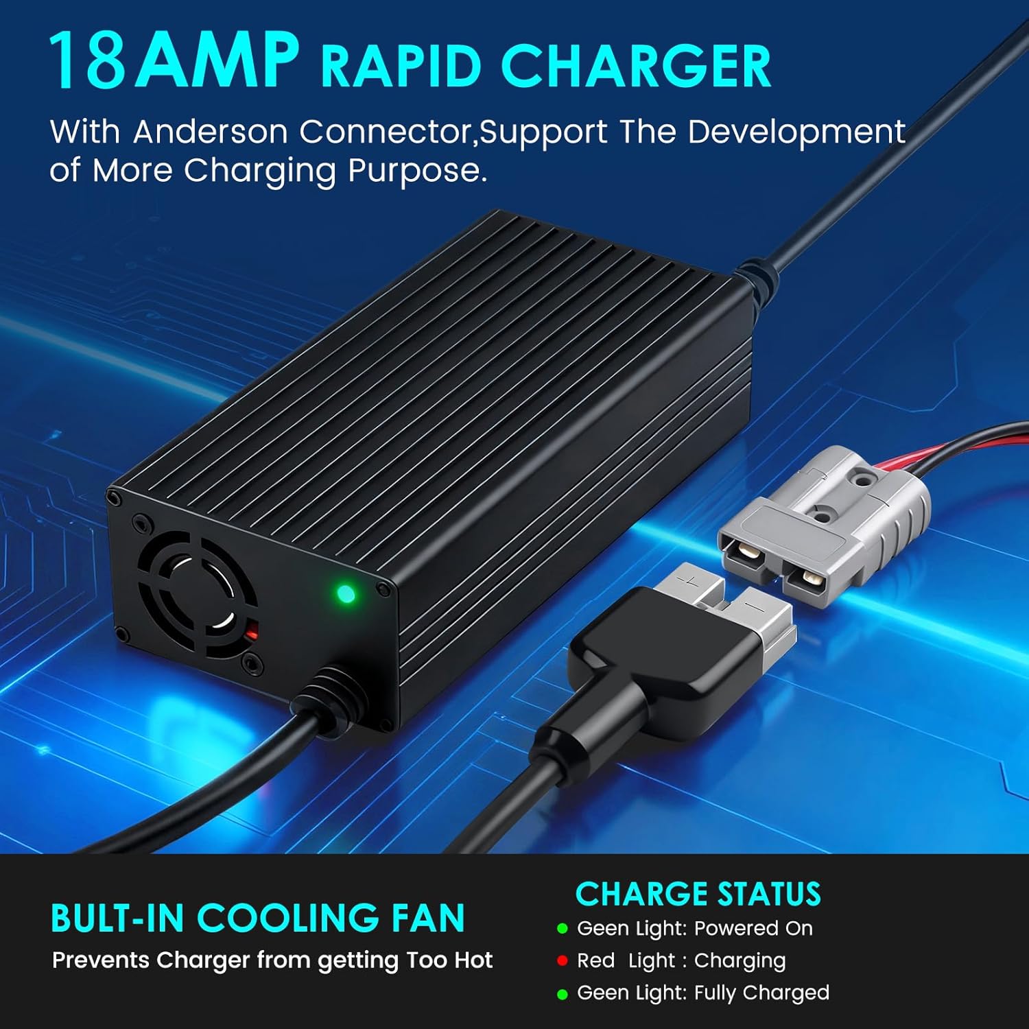 43.8V 18A AC-DC Lithium Battery AC-DC Smart Charger for 36V (38.4V) LiFePO4 Iron Phosphate Battery, Ideal for Golf Carts, RVs, Boat and 36V Trolling Motors with 50A Anderson Connector, M8 Rings
