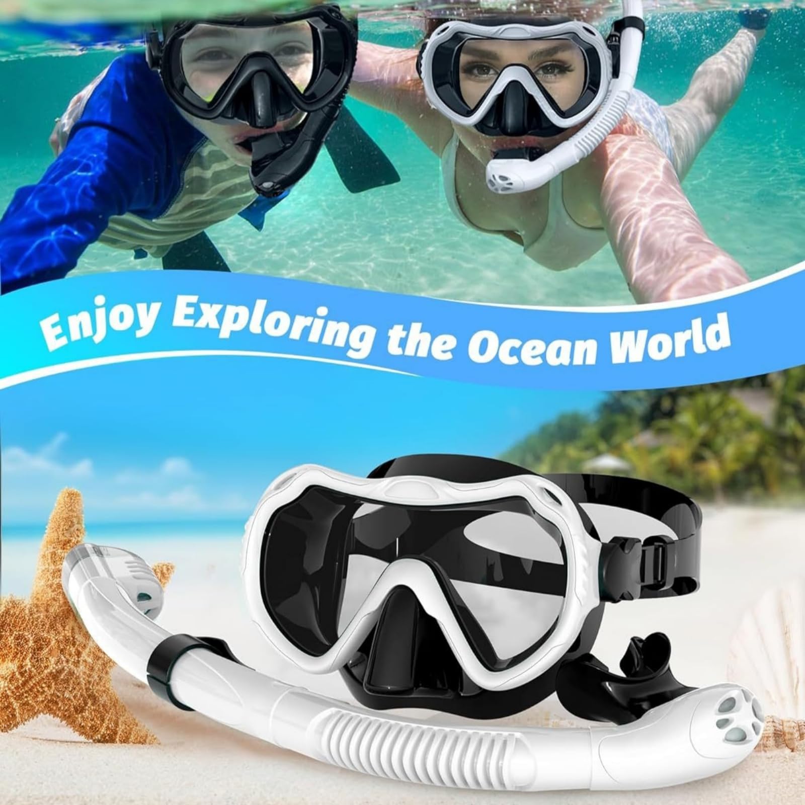 Juego de esnórquel con tubo y gafas de buceo, seco para buceo y snorkeling, cristal templado unisex para adultos