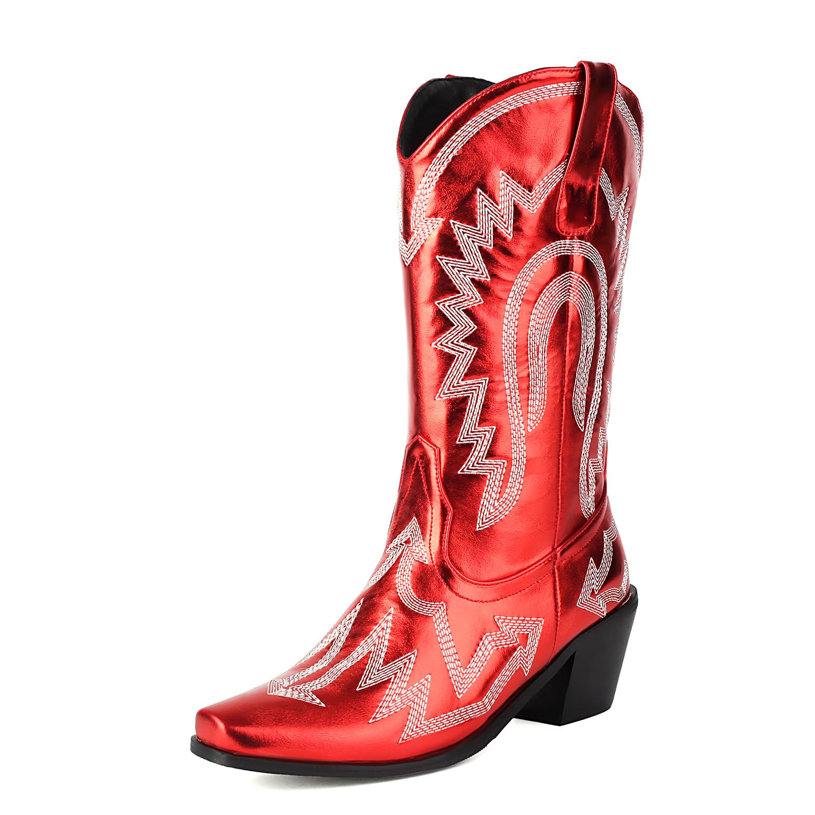 Womens Pointed Toe Block Heel Embroidered Cowboy Boots Faux Leather Mid-Calf Boots for Western Style Casual for Women