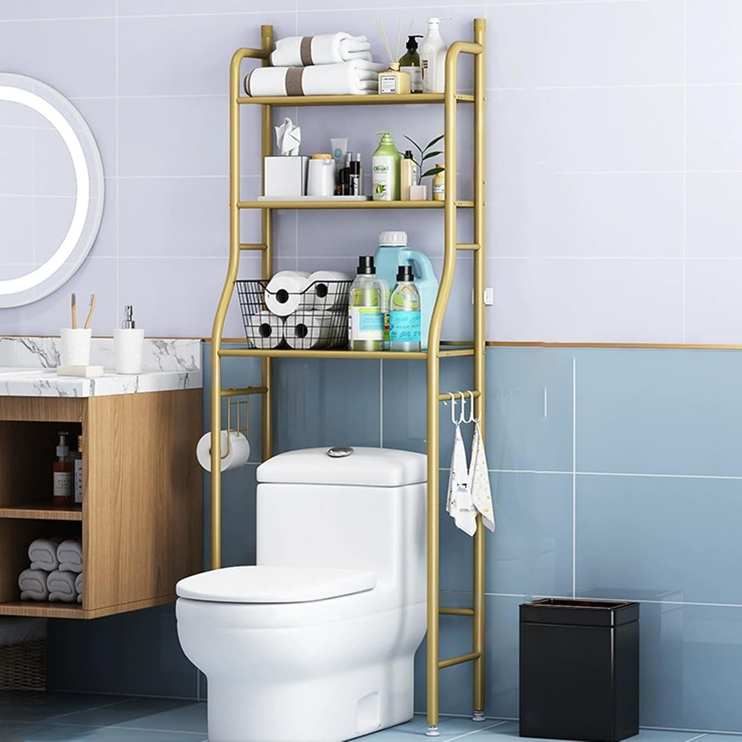 Over The Toilet Storage Shelf, Metal Storage Cabinet Over Toilet, Bathroom Organizer Rack with Hooks and Adjustable Feet, for Over Toilet Storage and Bathroom Shelf(Gold)