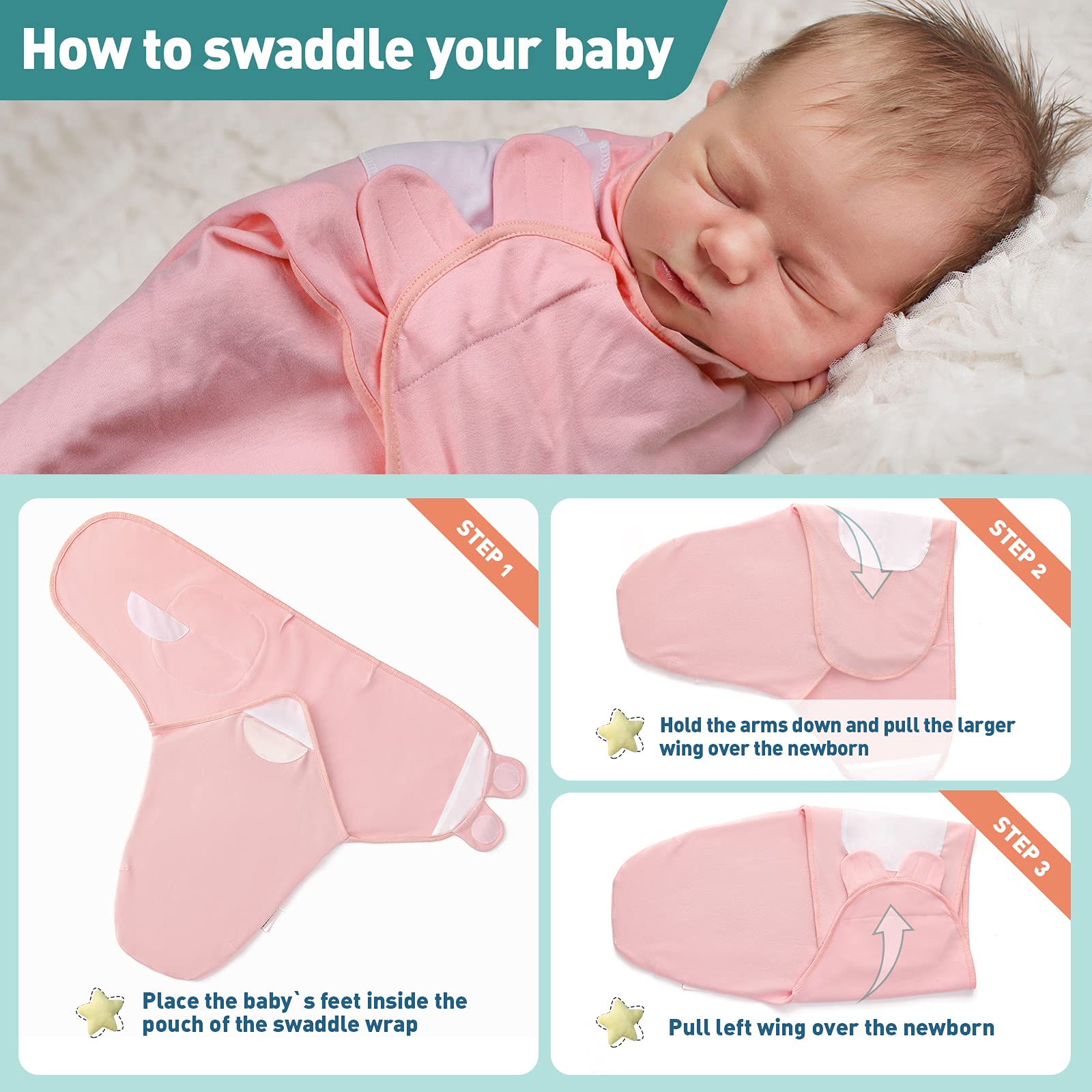 GLLQUEN BABY Swaddles for Newborns 0-3 Months Adjustable & Easy Fastener | 3-Pack Baby Girl Swaddles Organic Cotton Womb-Like Nursery Swaddling Blanket reduces startle reflex Soft & Skin-Frie product thumbnail 6