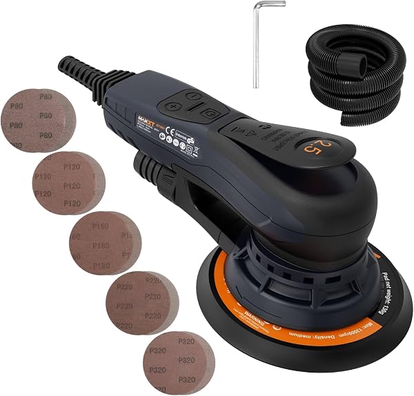 Lijadora orbital aleatoria MAXXT Electric de 2.5mm, sin escobillas, 350W, 3A, velocidad variable multifunción, máquina eléctrica con cable, incluye 10 hojas de lija para carpintería (R7303-2.5mmOrbit)