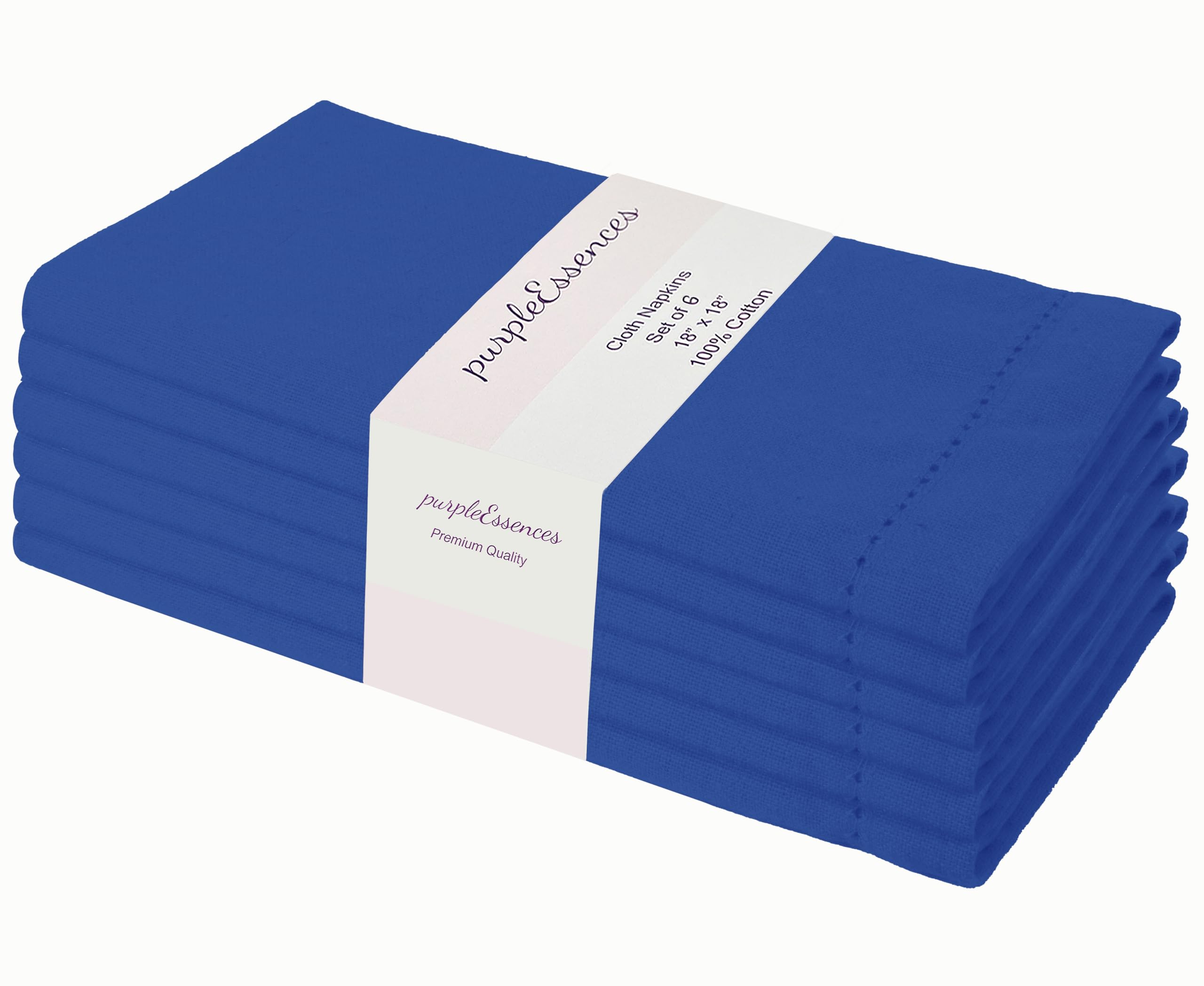 PurpleEssences Set of 6 Hemstitch Cloth Dinner Napkins 100% Cotton - Soft Durable Washable - Ideal for Wedding Spring Summer Easter - Perfect Everyday Use Table Linen 18x18 - Royal Blue