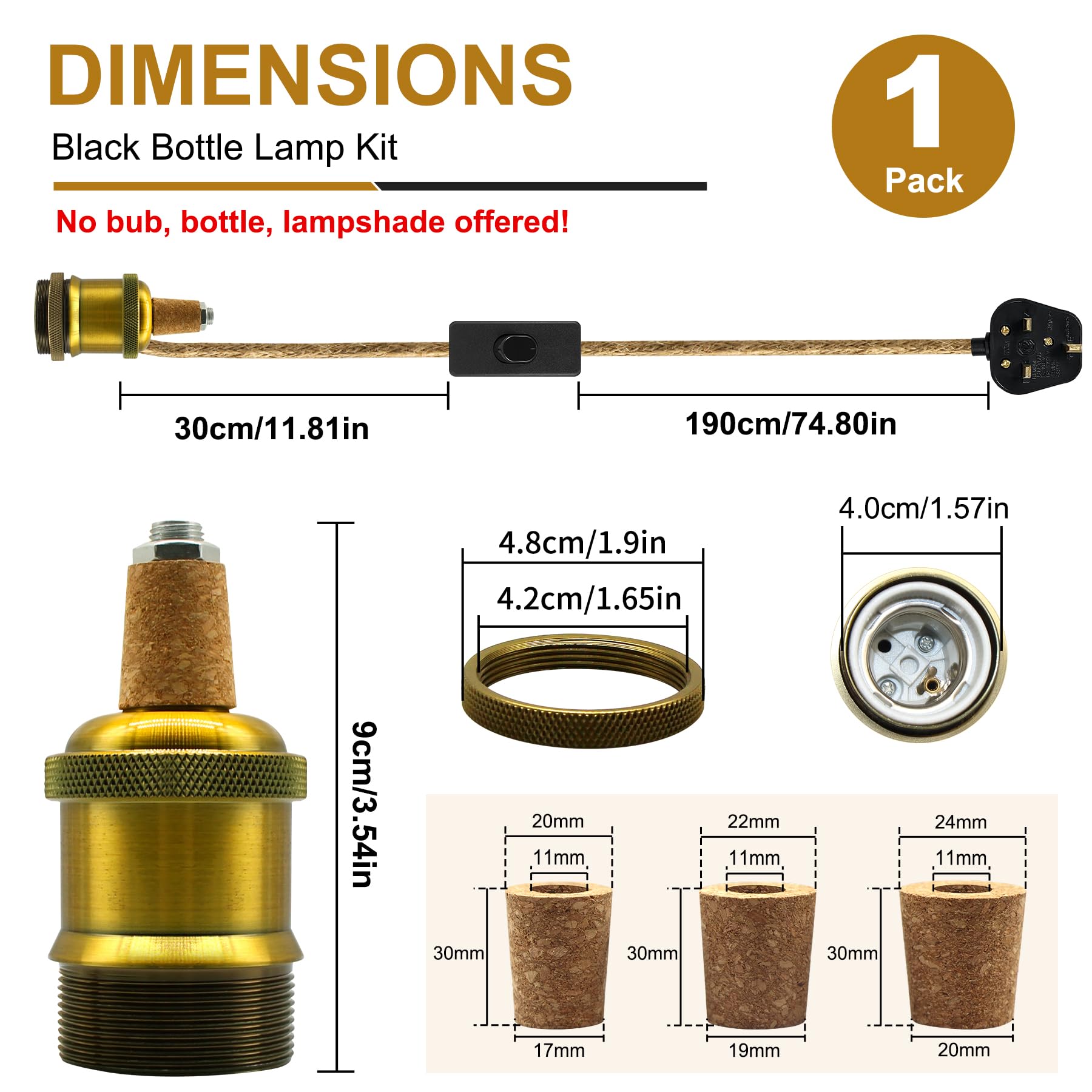 Lamp Kits Do it Yourself, Brass Bottle Lamp Kits, Gold Bottle Lamp Adaptor Kit with 240cm Plug in Cord - Image 2