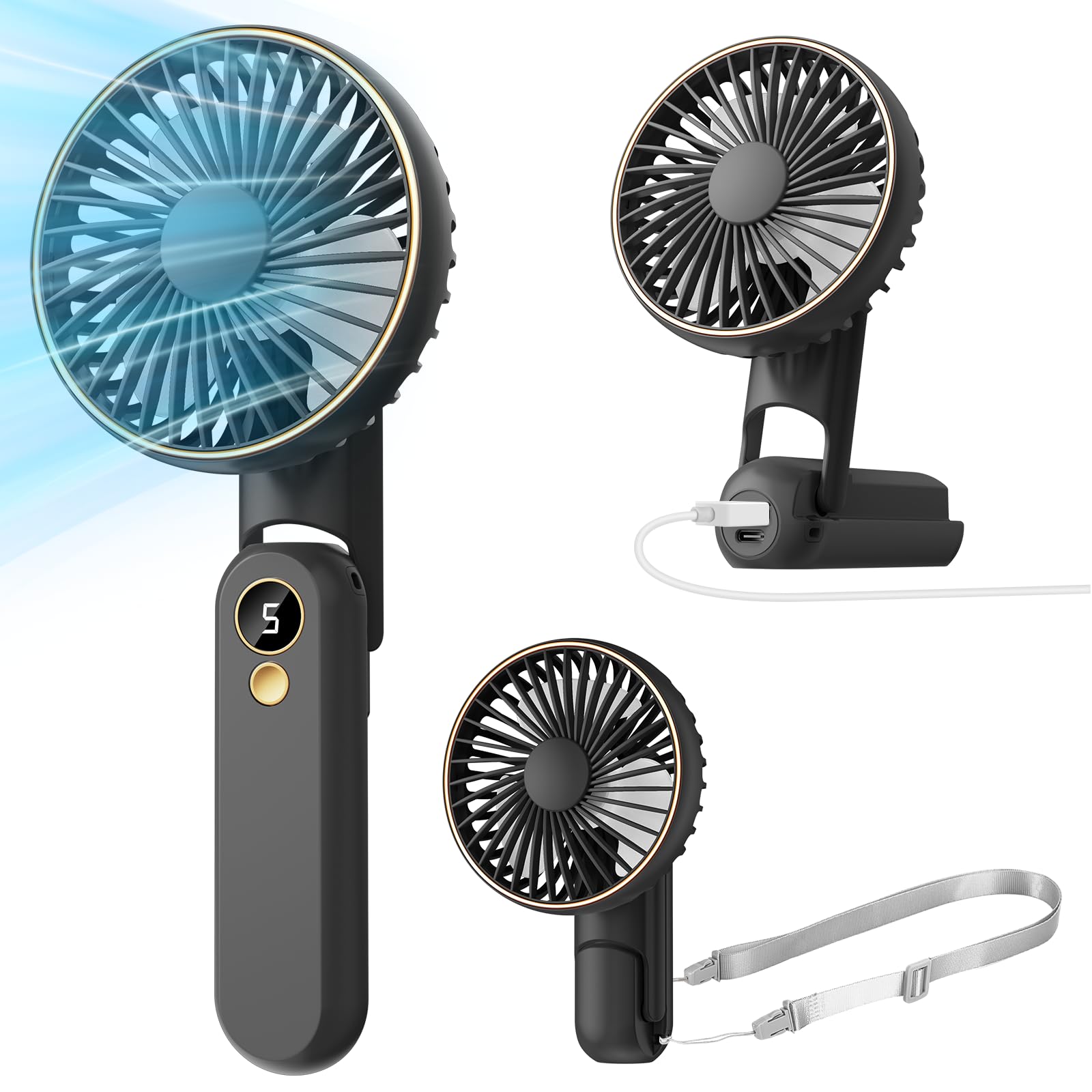Ventilatore portatile portatile, pieghevole a 180° come power bank, mini ventilatore portatile ricaricabile tramite USB, per viaggio/estate/esterno/ufficio, 5 velocità regolabili, display a
