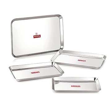 HAZEL Stainless Steel Serving Tray Rectangle Premium Dining Table Plater, Silver (Small, Medium, Large & Extra Large, Set of 4)