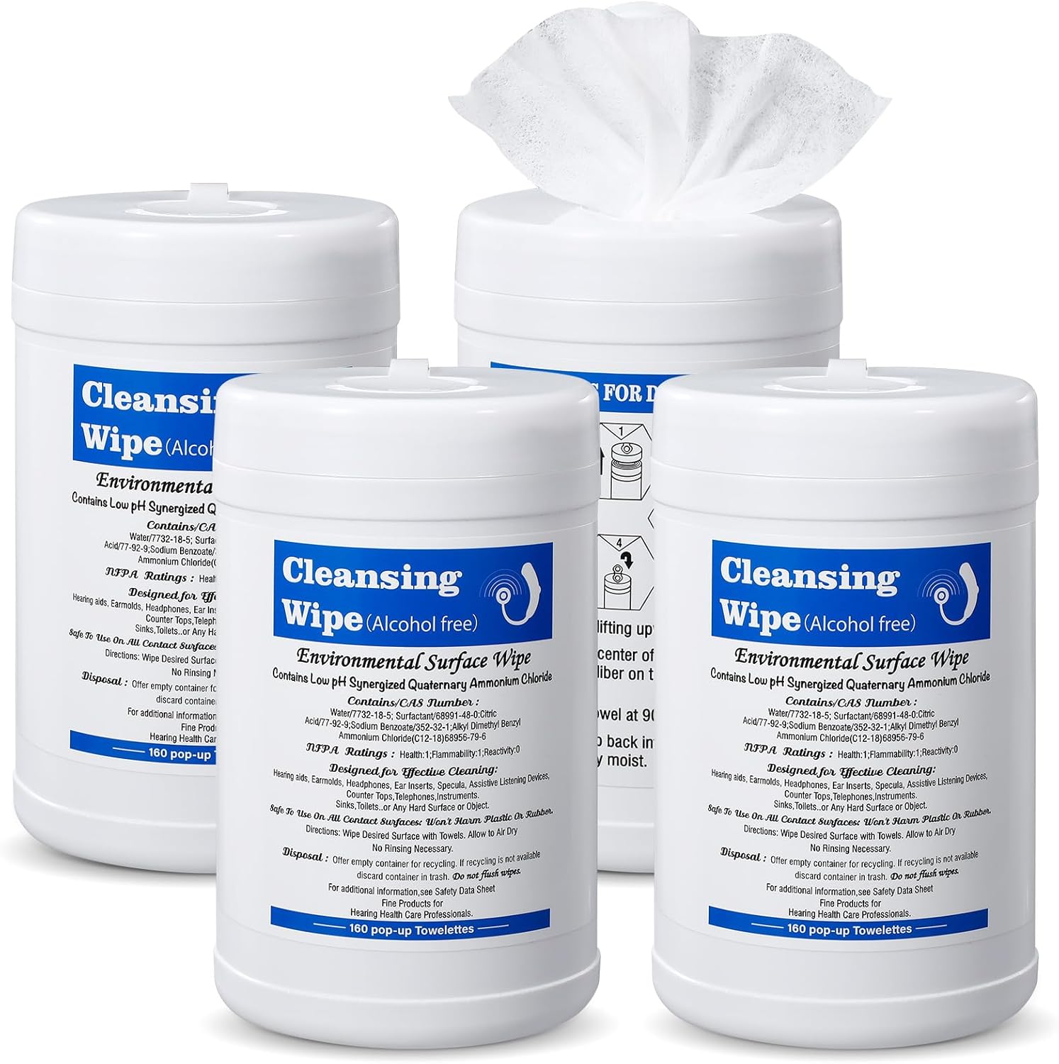 Threlaco 4 Pack Hearing Aid Wipes 640 Counts Large Canister Cleaning Towelettes 160 Per Canister for Hearing Aids Cleaner Wipes for Earwax Earbuds Sweat Earplugs Amplifier Removal