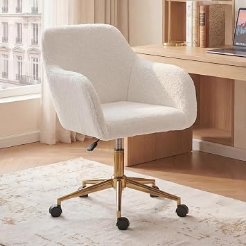 DEKKETO Teddy Swivel Vanity Desk Chair with Wheel, Adjustable Height, White