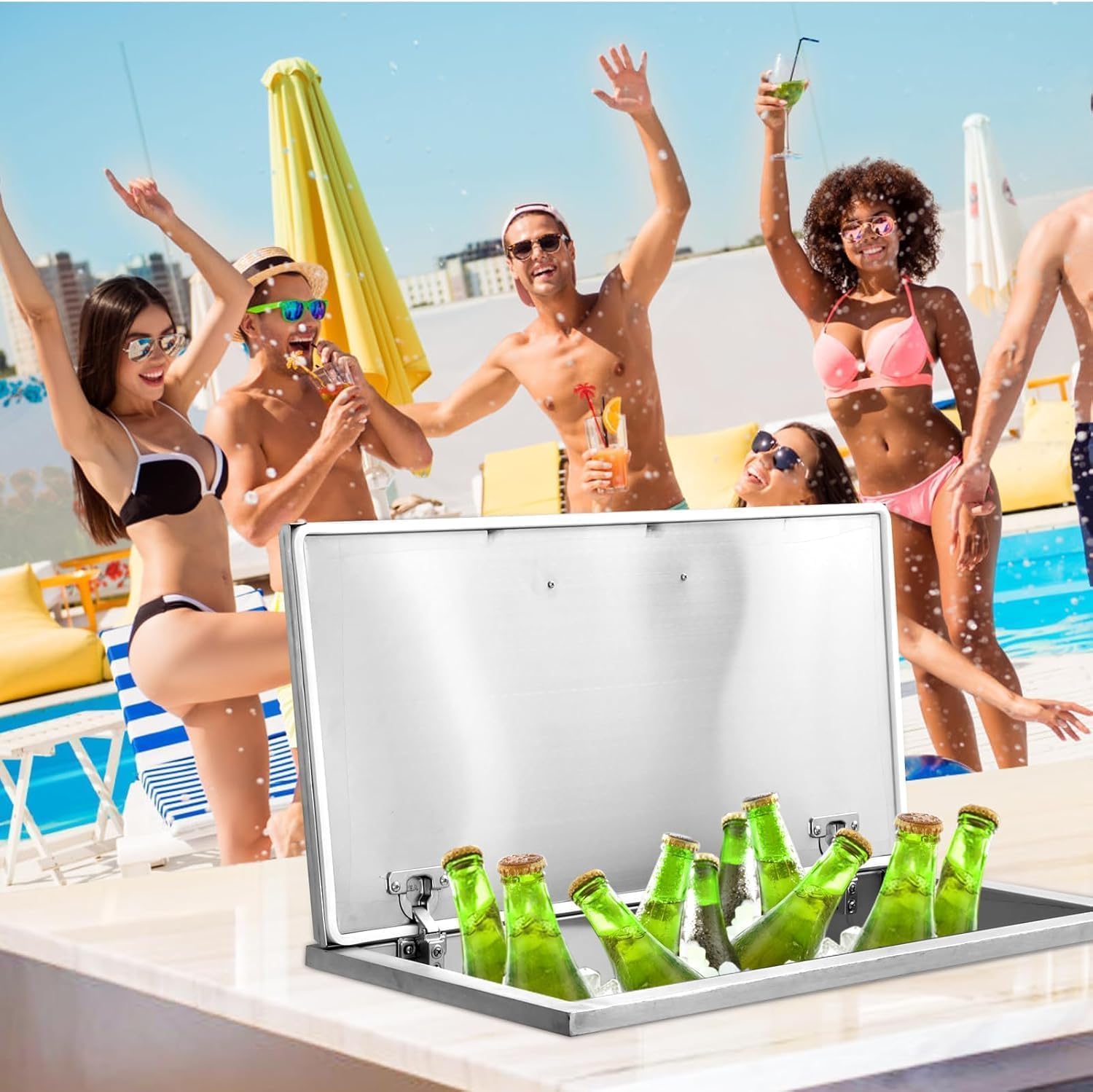 Drop in Ice Chest,Stainless Steel Cooler with Hinged Cover,Ice Bin,Drain Pipe & Plug - Outdoor Kitchen, Bar, Party for Beer, Wine, Beverages