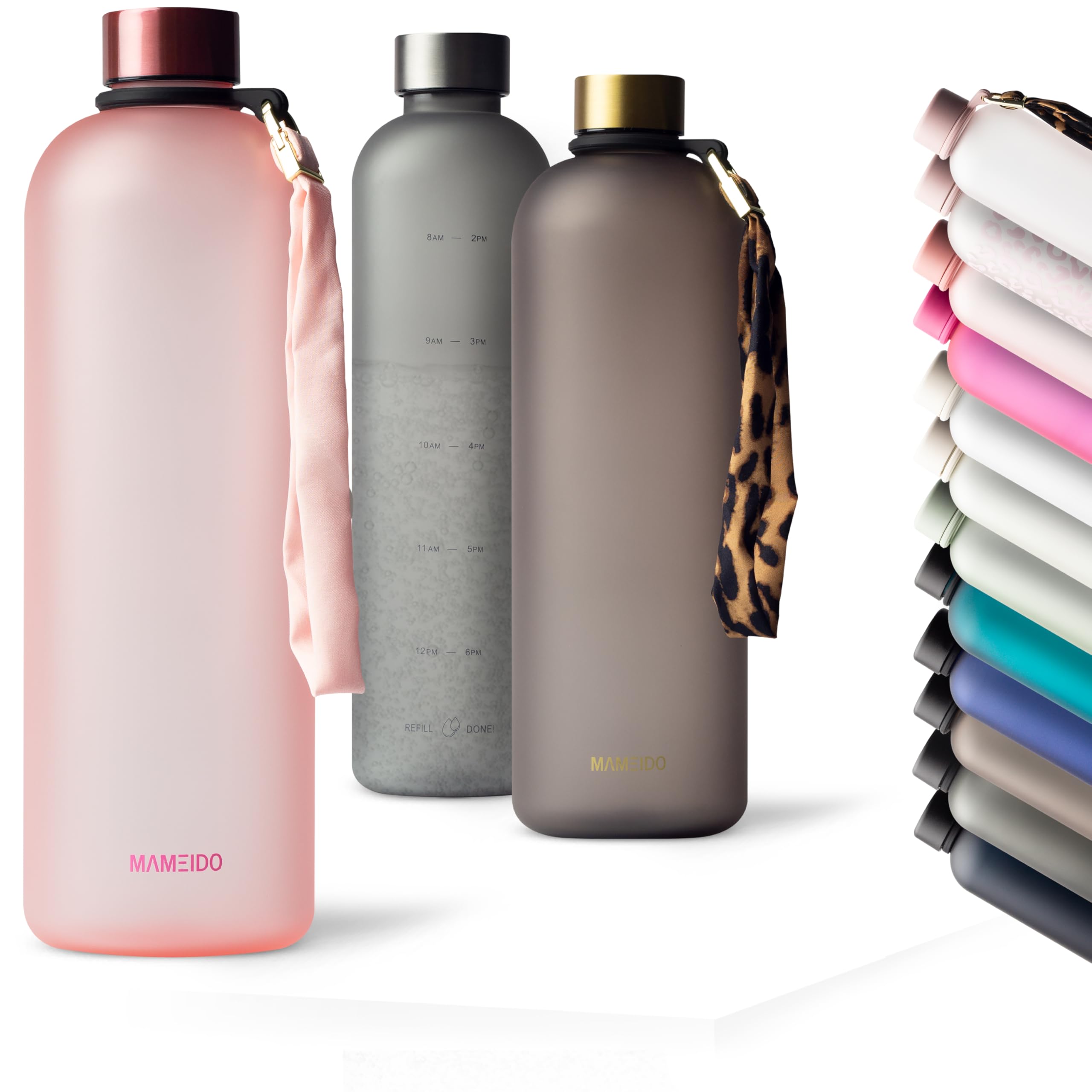 MAMEIDO Trinkflasche mit Zeitmarkierung 1,5 l Kohlensäure geeignet, auslaufsichere Water Bottle, Wasserflasche BPA frei für Sport, Gym & Büro (Flamingo Pink)