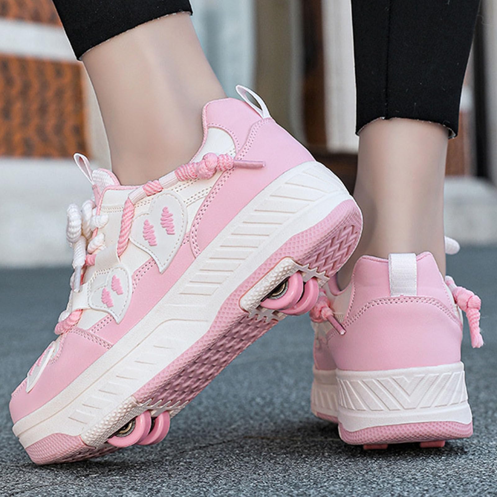 Surwin Zapatillas con Ruedas Niña, Estilo Amor Corazón Zapatos de Niños con Ruedas 2 en 1 Zapatillas de Skateboard Diseño Cordones Zapatos de Skate Roller Skate Shoes Sneakers Moda