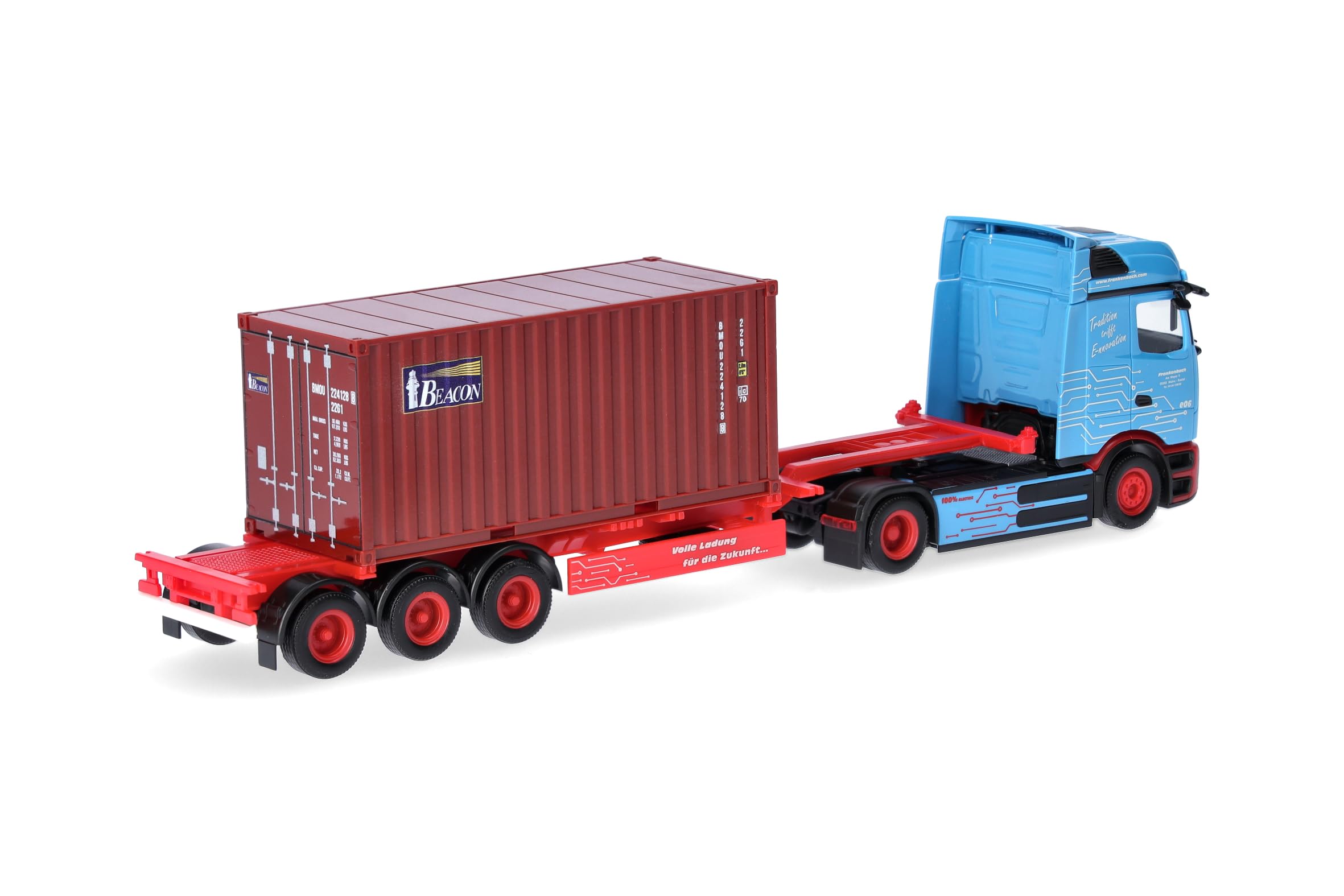Herpa LKW Modell Mercedes-Benz eActros ProCabin BigSpace 20 ft. Container-Sattelzug Frankenbach, Miniatur im Maßstab 1:87, Sammlerstück, Made in Germany, Kunststoff
