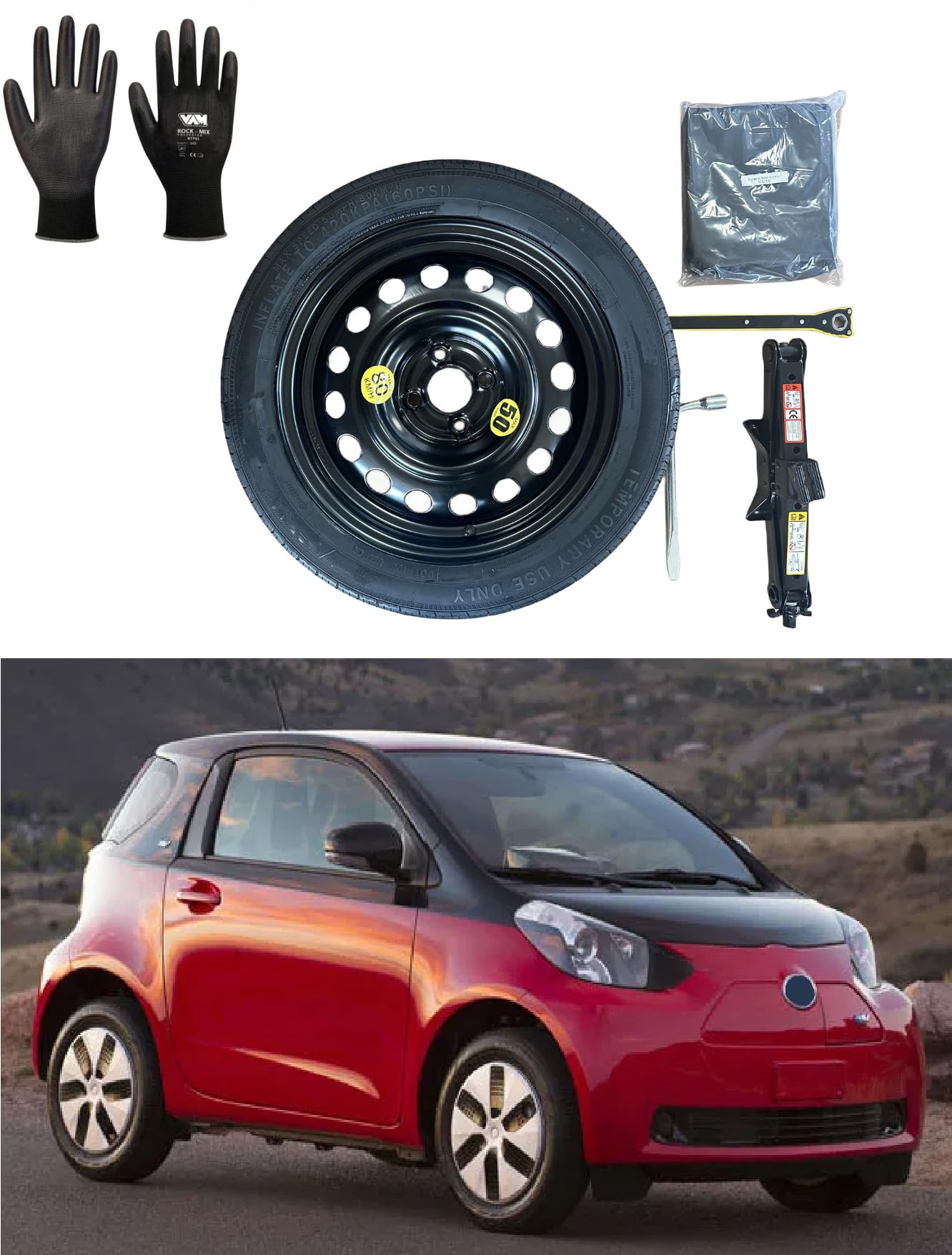 Kit de roue d'escorte 16" compatible avec Toyota IQ avec Cric, Clé, Gants et Sac 125/80R16