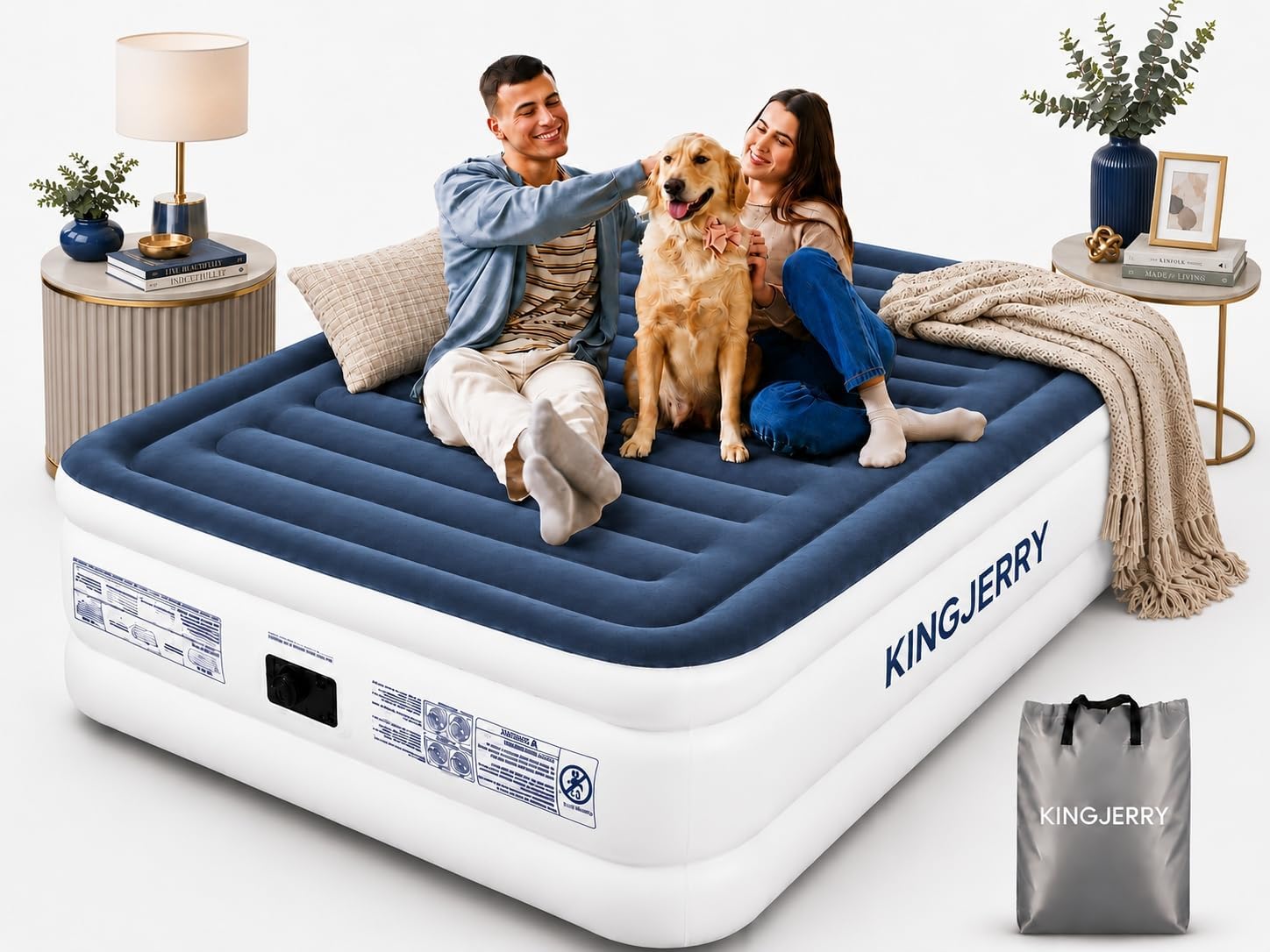 KINGJERRY Air Mattress Queen with Built in Pump, Upgrade Surface Blow Up Mattress, Inflatable Mattress 18 Raised Comfort, Leakproof Air Bed for Home Guests Camping, 800 lbs Max, 3-Min Inflation