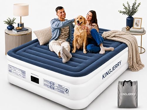 KINGJERRY Air Mattress Queen with Built in Pump, Upgrade Surface Blow Up Mattress, Inflatable Mattress 18 Raised Comfort, Leakproof Air Bed for Home Guests Camping, 800 lbs Max, 3-Min Inflation
