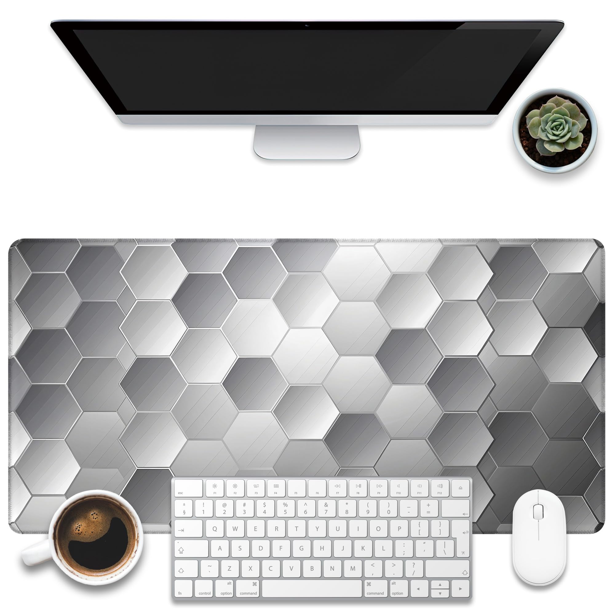 KOAIWPAE Large Gaming Mouse Pad for Desk, Silver Technology Honeycomb Desk Mat, Sci-Fi Honeycomb Desk Pad, 31.5"x15.7" Extended Big Computer Keyboard