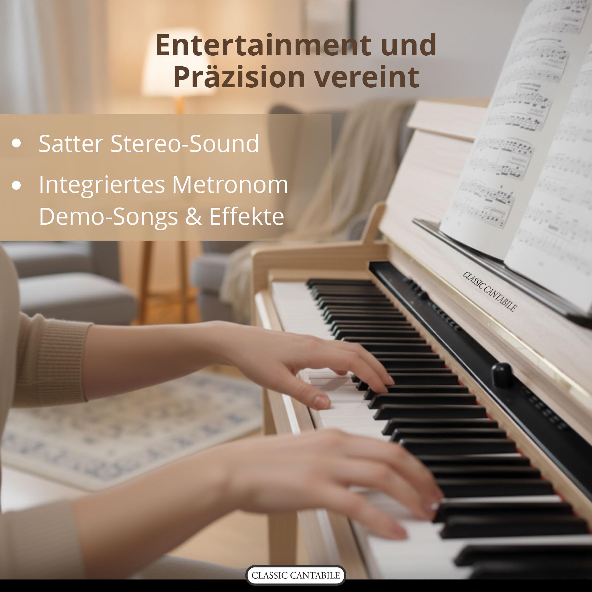 Classic Cantabile UP-1 LA Piano Droit Numérique - 88 Touches Clavier électronique à marteaux - Synthetiseur avec USB, MIDI, 40 voix, 256 polyphonie - Set avec Banc et Casque - Chêne Clair