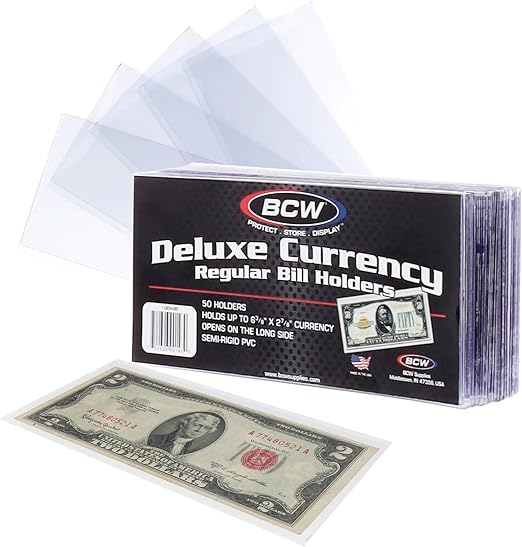 BCW Deluxe Currency Holder - Regular Bill (Dollar) Semi-Rigid Holder - Holds up to 6.38' x 2.78' - (Pack of 50) - Currency and Coin Collecting Supplies