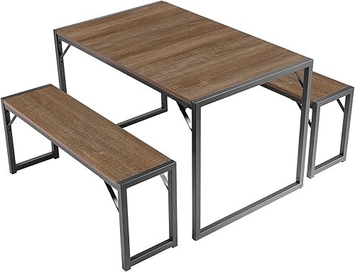 Miniatura 9 de SHA CERLIN Juego de mesa de comedor de cocina para 4 personas con bancos, comedor rústico pequeño que ahorra espacio, marco de metal resistente