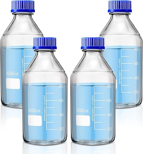 Patelai 4 botellas redondas de almacenamiento de medios de comunicación con tapa de rosca azul GL45 (33.8fl oz)