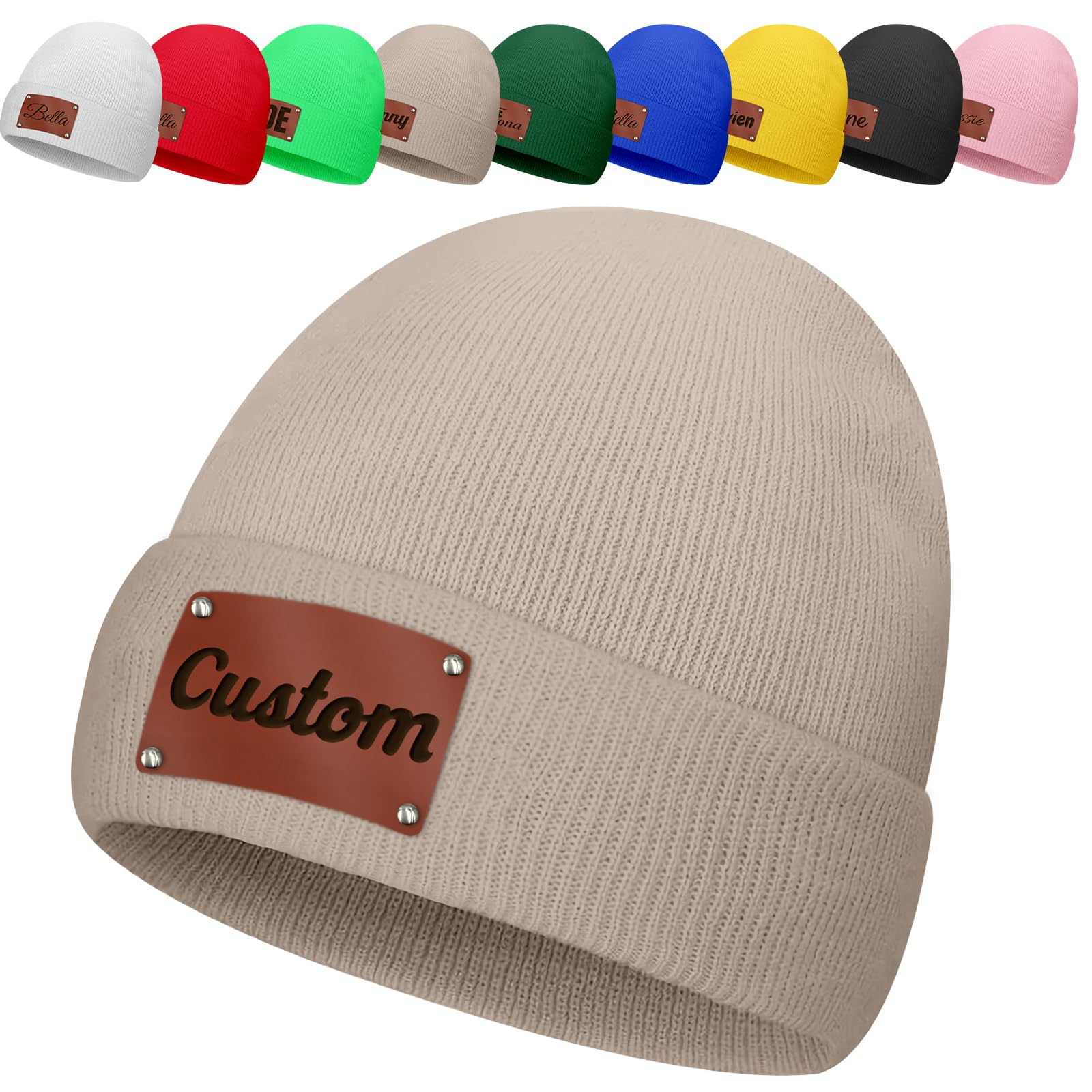 Custom Toddler Infant Beanie Hat Personalized Kids Winter Hats Leather Patch Knit Beanies Ski Skull Cap for Baby Boys Girls Beige