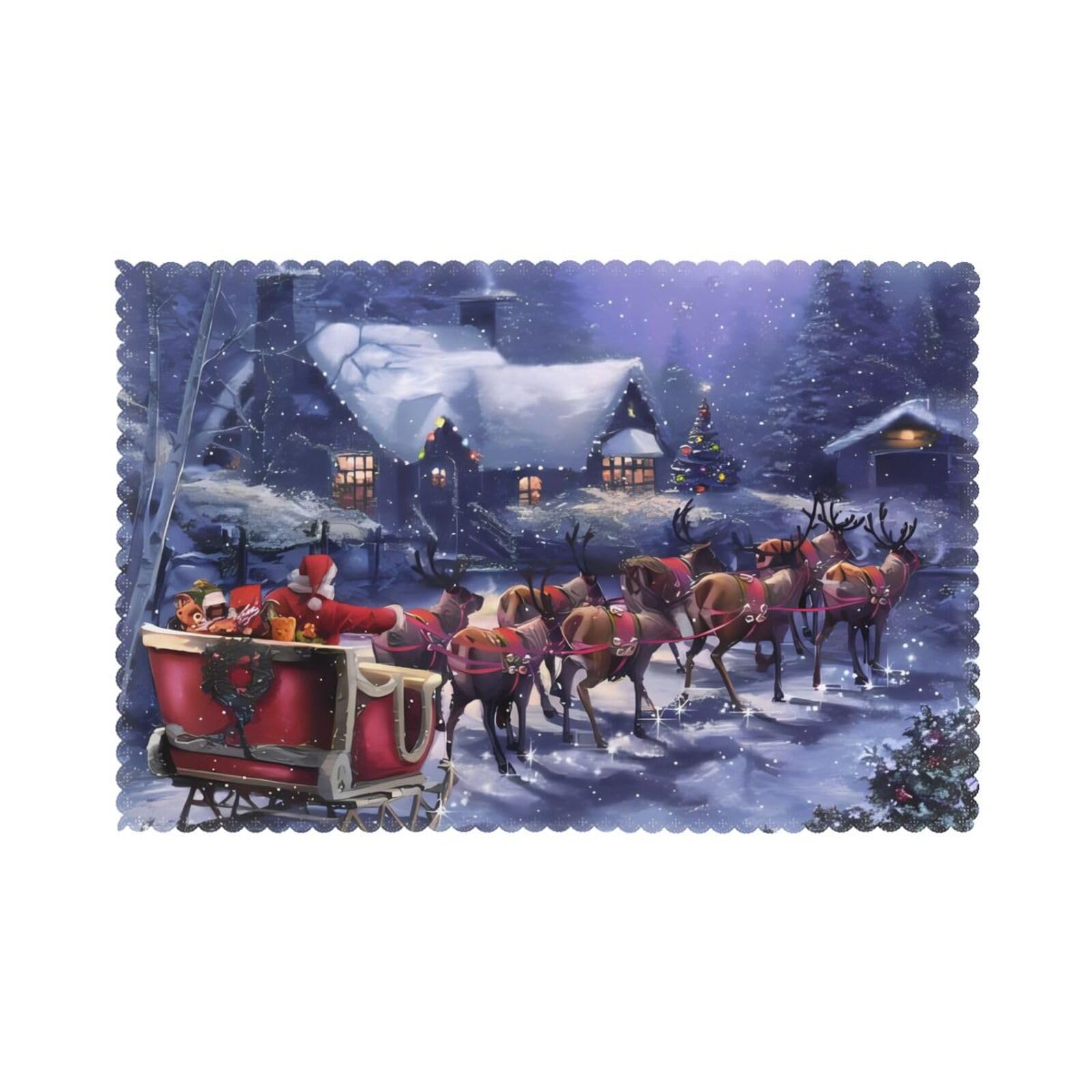 WHJSHOP Snow Night Santa and Deer Prints Placemats Set of 6 12x18in - Heat Resistant Table Layers for Homes, Hotels & Stylish Dining