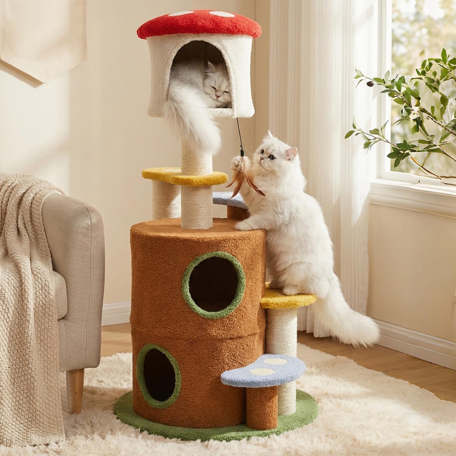 Mushroom Cat Tree for Indoor Cats, Cute Multi-Level Cat Tower with Condo, Scratching Posts and Plush Platforms, Modern Cat Climbing Tree for Small to Medium Cats