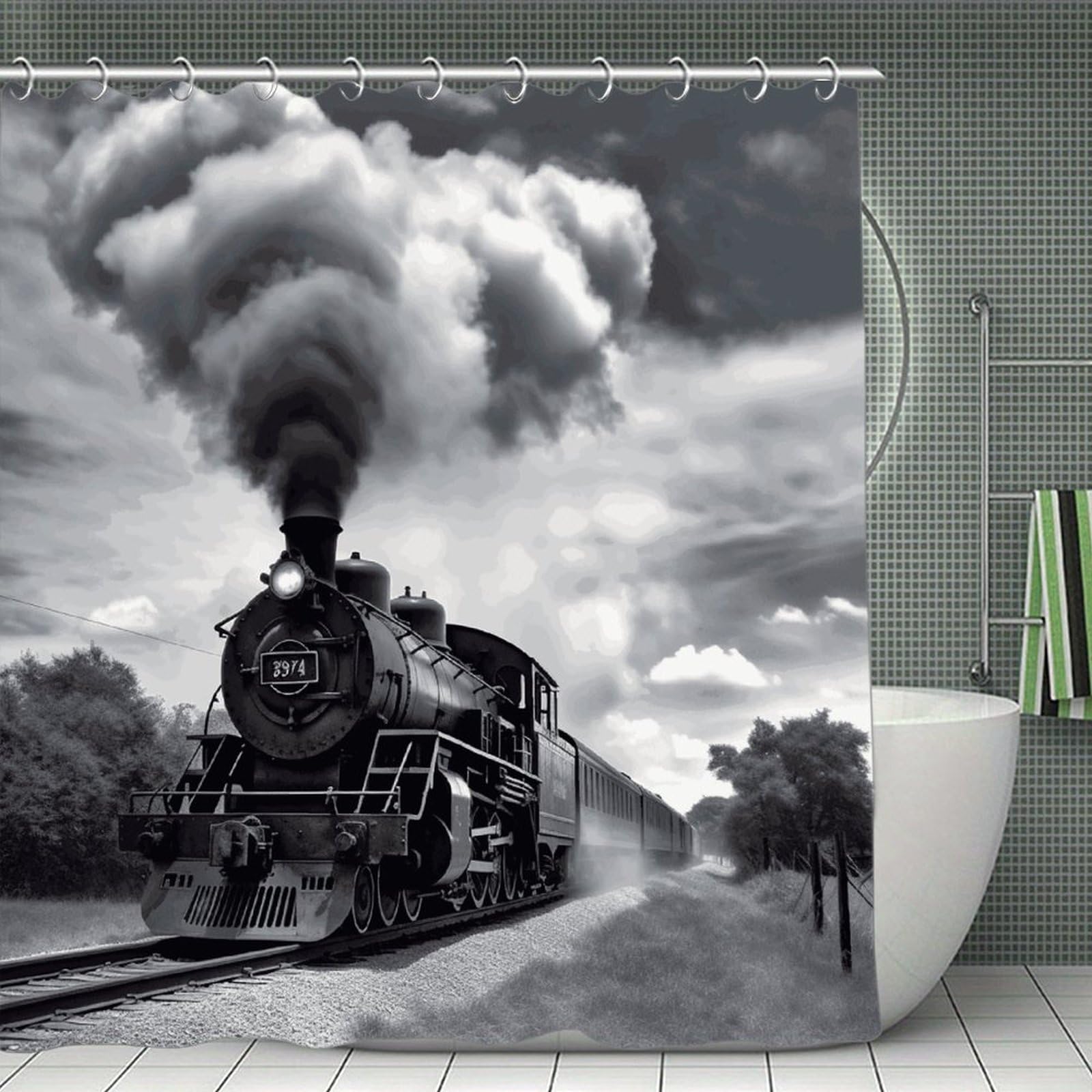 FekiLoot Steam Train Clouds Shower Curtain Minimalist Thick Bathroom Curtain Washable Modern Bathroom Shower Curtain Heavy Duty Waterproof Cloth Bath Curtain with Hooks 70.8"x70.8"