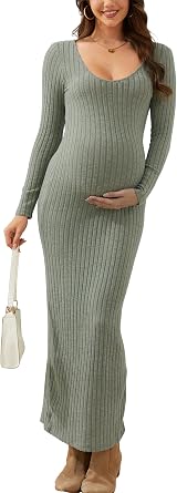 guruixu Maternity Sweater Dress Scoop Neck Ribbed Knit Long Sleeve Maxi Bodycon Pregnancy Dress for Baby Shower & Photoshoot