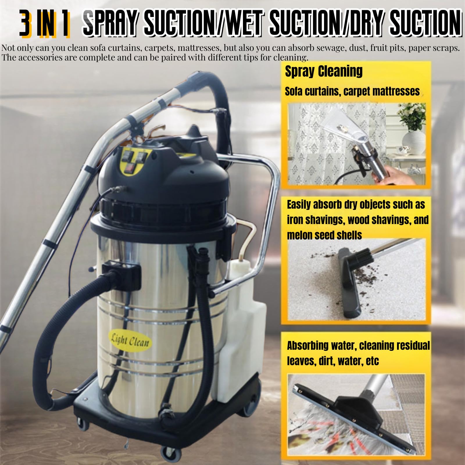 60L/15Gal 3-in-1 Commercial Wet/Dry Vacuum Carpet Cleaner, Heavy Duty Extractor for Carpet, Hard Floor, Sofa & Curtains, 110V 1000W Portable Machine with Dual Tanks & Multi-Purpose Design