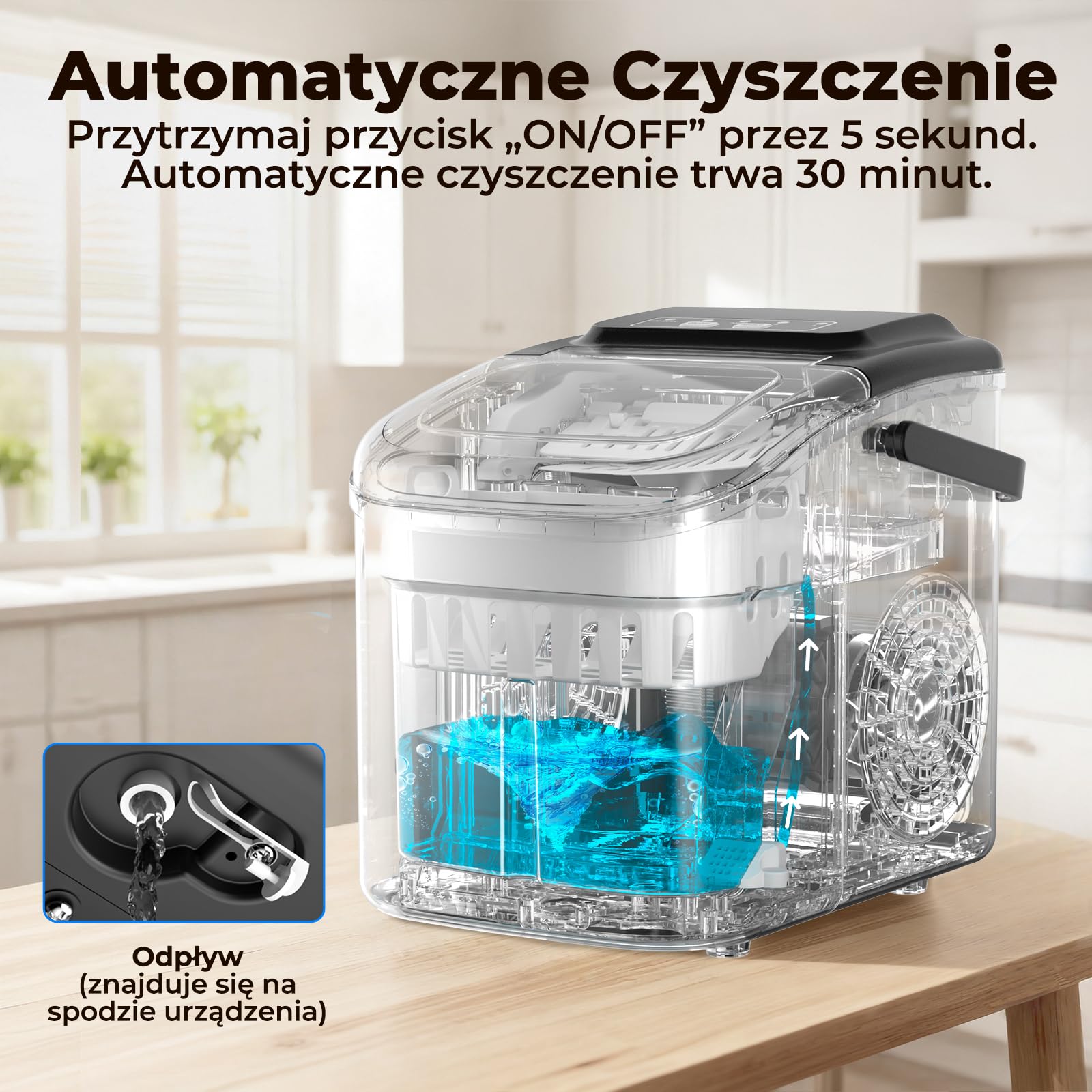Maszyna do Lodu 12KG/24H, Samoczyszczenie, Zbiornik 1.2L, 2 Rozmiary Kostek Lodu (S/L), Wskaźniki Pełny Pojemnik & Brak Wody, Kompaktowa do Kuchni/Biura/Imprez, Czarny
