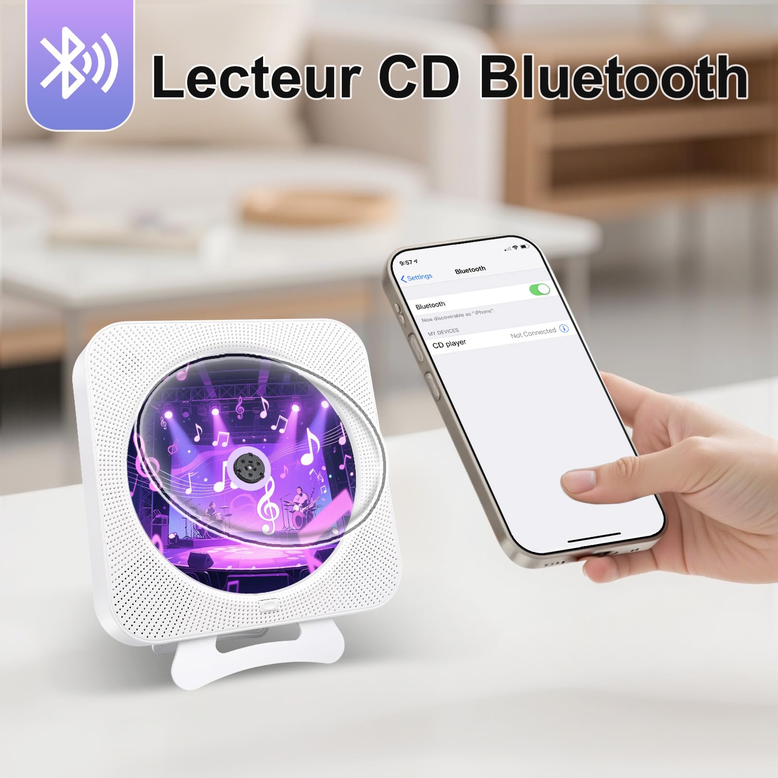 Lecteur CD Portable Bluetooth, Lecteur de CD de Bureau avec Haut-Parleur HiFi Intégrés, écran LED Audio avec Télécommande Prise Radio FM USB AUX, Blanc