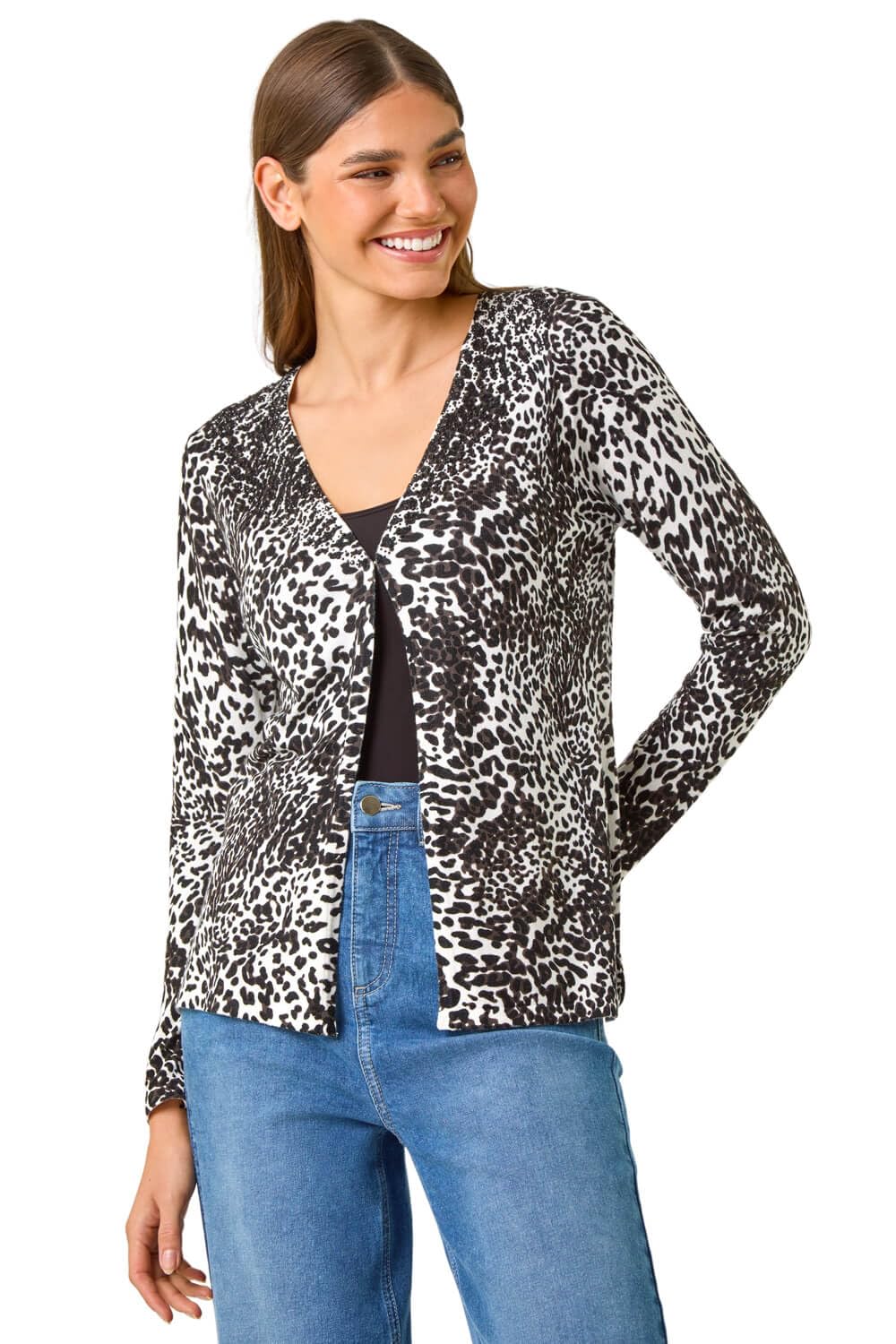 Roman Originals Women's Black Embellished Animal Print V-Neck Cardigan For Uk - Everyday Autumn Winter V-Neckline Comfy Soft Evening Vacation Work Party Night Out - Size 20