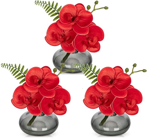 Oairse Red Orchids Artificial Flowers Faux Orchids Arrangement in Black Glass Vases Set of 3 Real Touch Phalaenopsis Orchid Flowers Small Fake Orchid Centerpiece for Dining Room Table