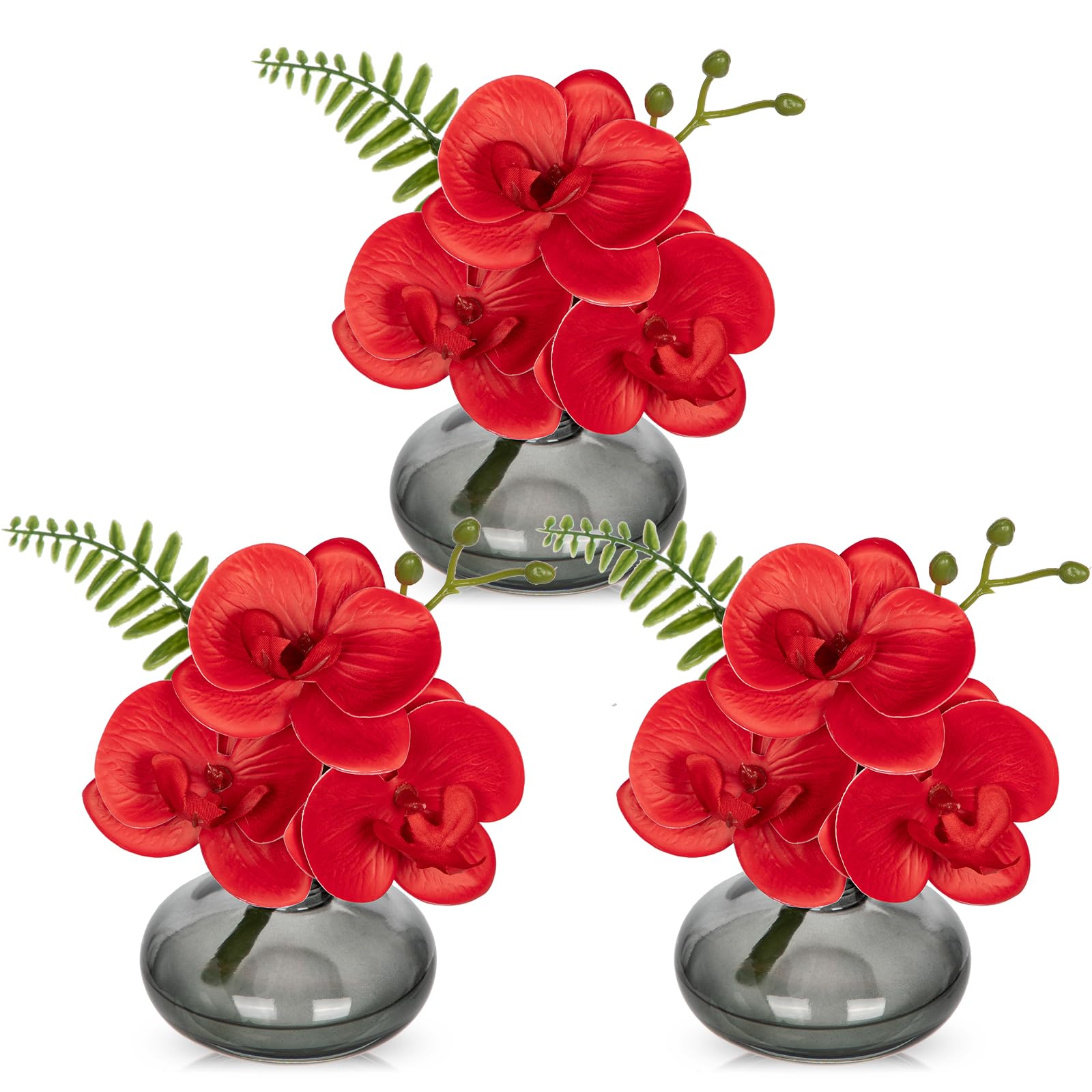 Briful Set of 3 Artificial Orchids in Dimgray Glass Vase