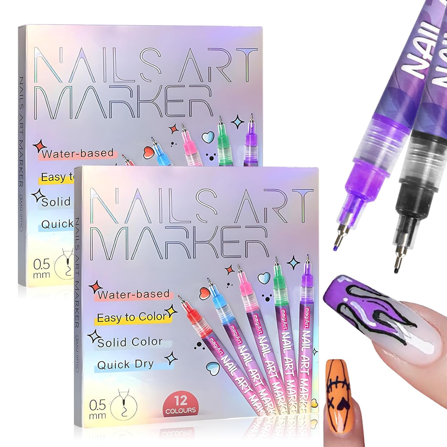 12 Color Nail Art Pens, Nail Art Pens for Painting Nails, 2026 Upgrade Nail Art Marker 0.5mm , Nail Art Markers Acrylic Paint Pens, Waterproof and Quick-drying Nail for DIY Nails Art Design (Set A*2)
