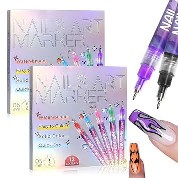 12 Color Nail Art Pens, Nail Art Pens for Painting Nails, 2026 Upgrade Nail Art Marker 0.5mm , Nail Art Markers Acrylic Paint Pens, Waterproof and Quick-drying Nail for DIY Nails Art Design Set A*2