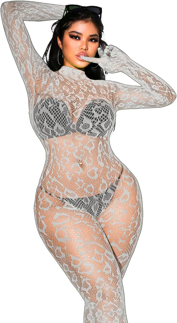EHSUYAB Sexy Lace Leopard Jumpsuit For Women, Fishnet Bodysuit Glow Party Club, Poster One Piece Mesh Full Body Rave Outfits