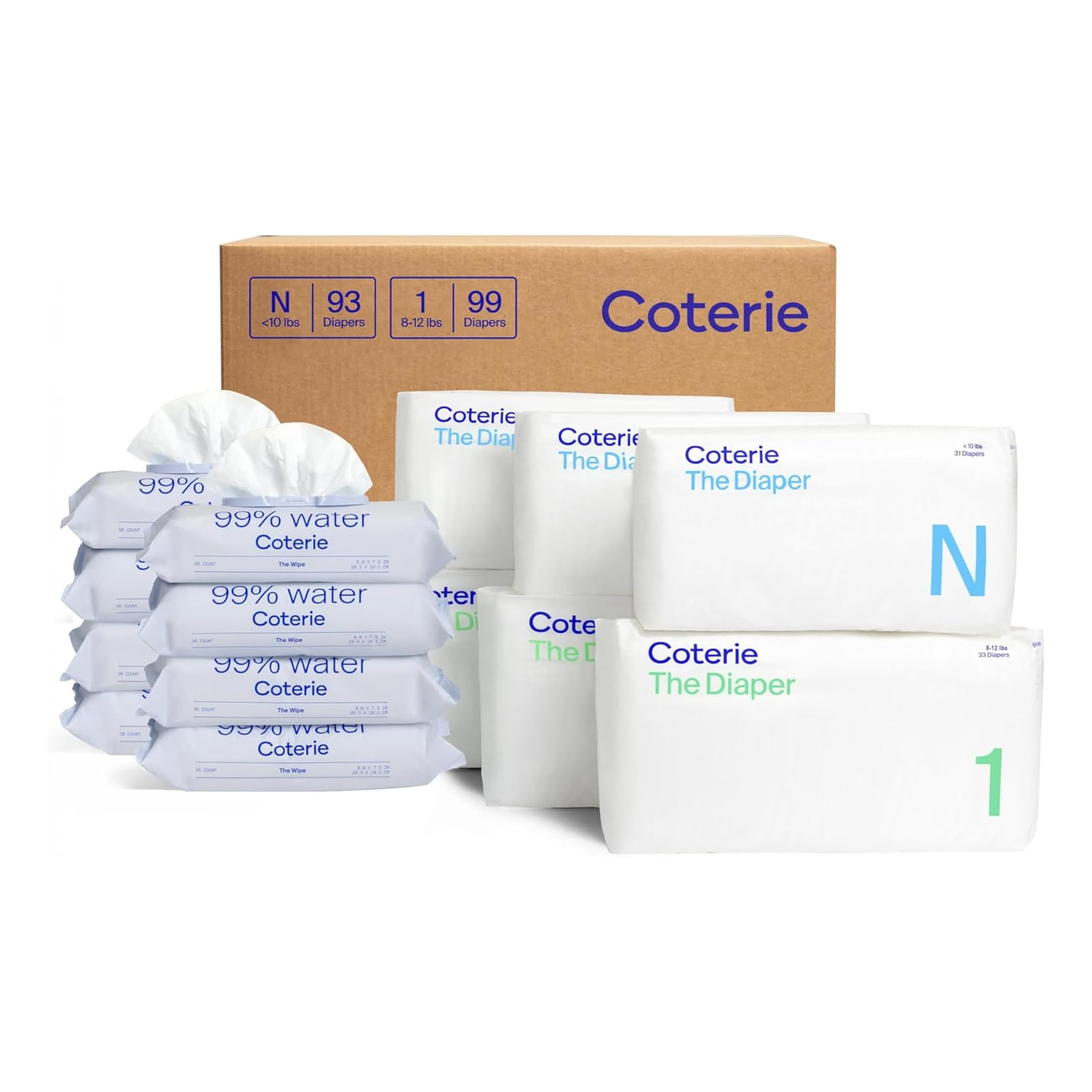 Coterie Baby Wipes + Diapers Kit, Size 1 (99 Count) & Size Newborn Diapers (93 Count), 8 Pack (448) Baby Wipes with 99% Water, Plant Based Materials, Hypoallergenic for Sensitive Skin