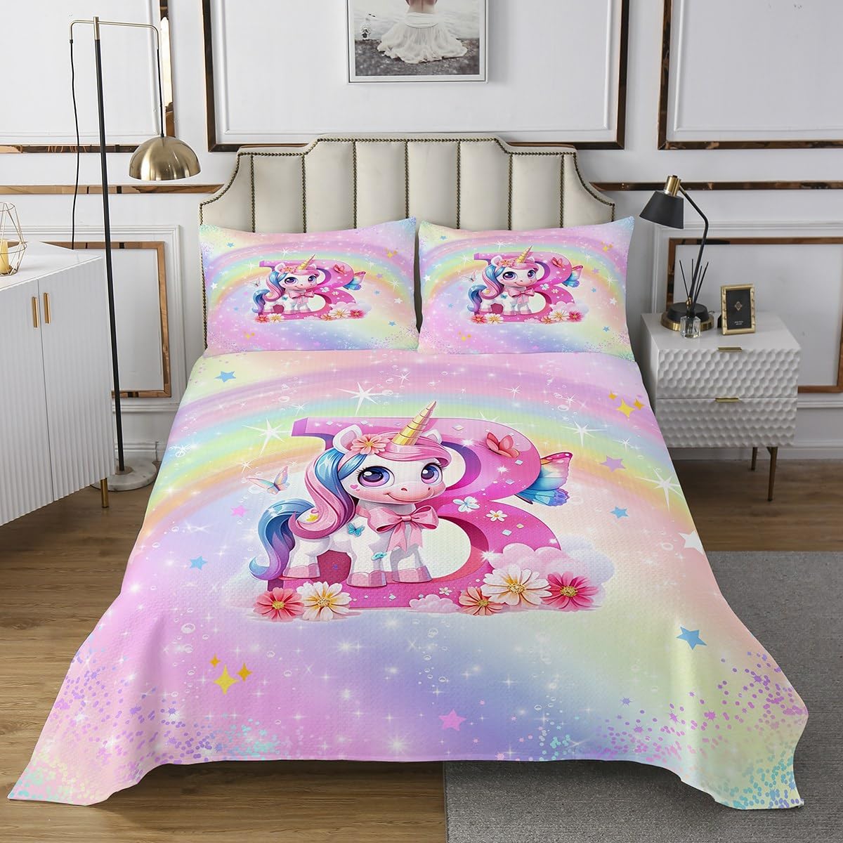 Erosebridal Unicorn Bedspread Set Queen All Season Rainbow Unicorn Quilt Set with 2 Pillow Cases,Soft Kids Boys Girls Room Decor,Gradient Glitter Coverlet Alphabet Monogram B Bedspread(Purple Pink)