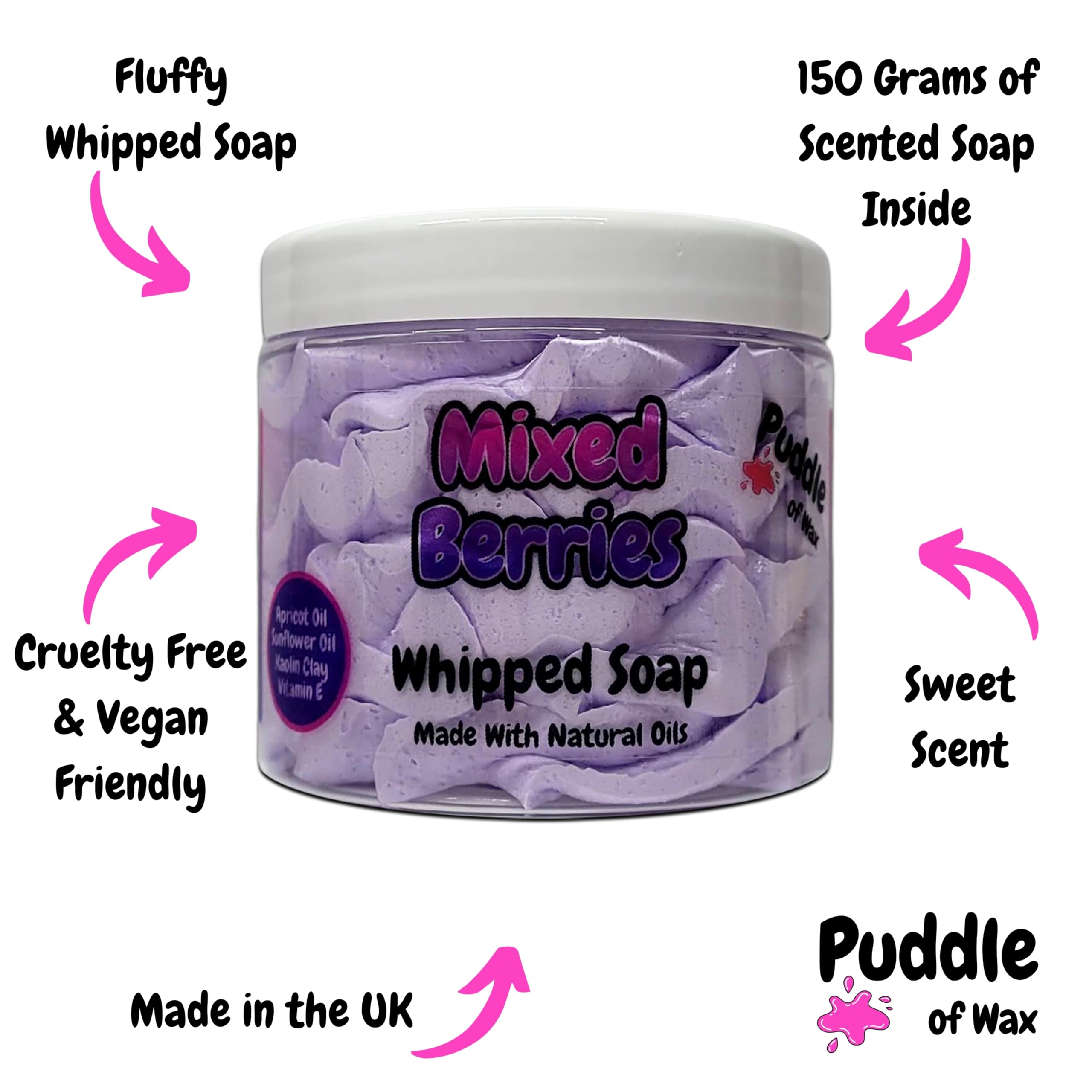 Mixed Berries Whipped Soap Body Wash, 150g, Natural Oils & Kaolin Clay, Fruity Scent, Vegan Friendly, Puddle of Wax - Image 3