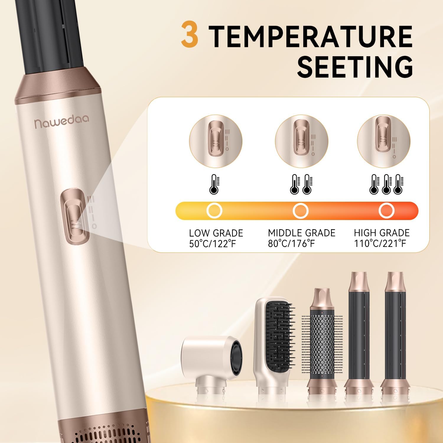 5-in-1 Hair Dryer Brush Set, Detachable Hot Air Brush with Auto Wrap Curlers, Ionic Blow Dryer Brush for Fast Drying, Volumizing, Straightening & Salon Styling for All Hair Types(Beige)