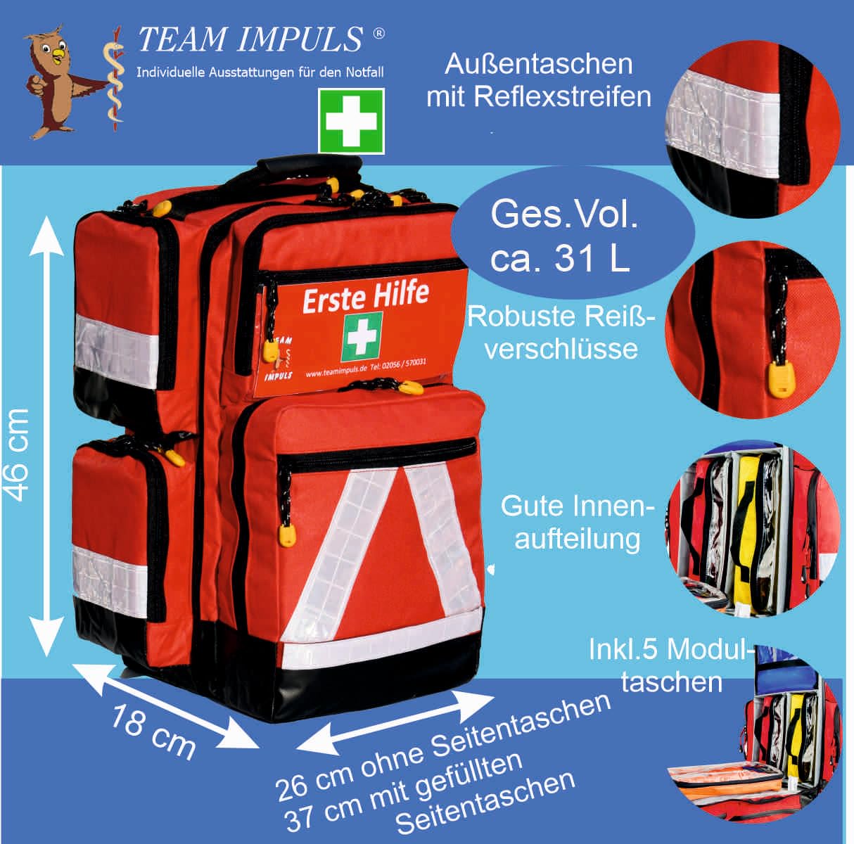 Team Impuls - Notfallrucksack - rot - Nylon - LEER - mit 4 Außentaschen - Gr. M