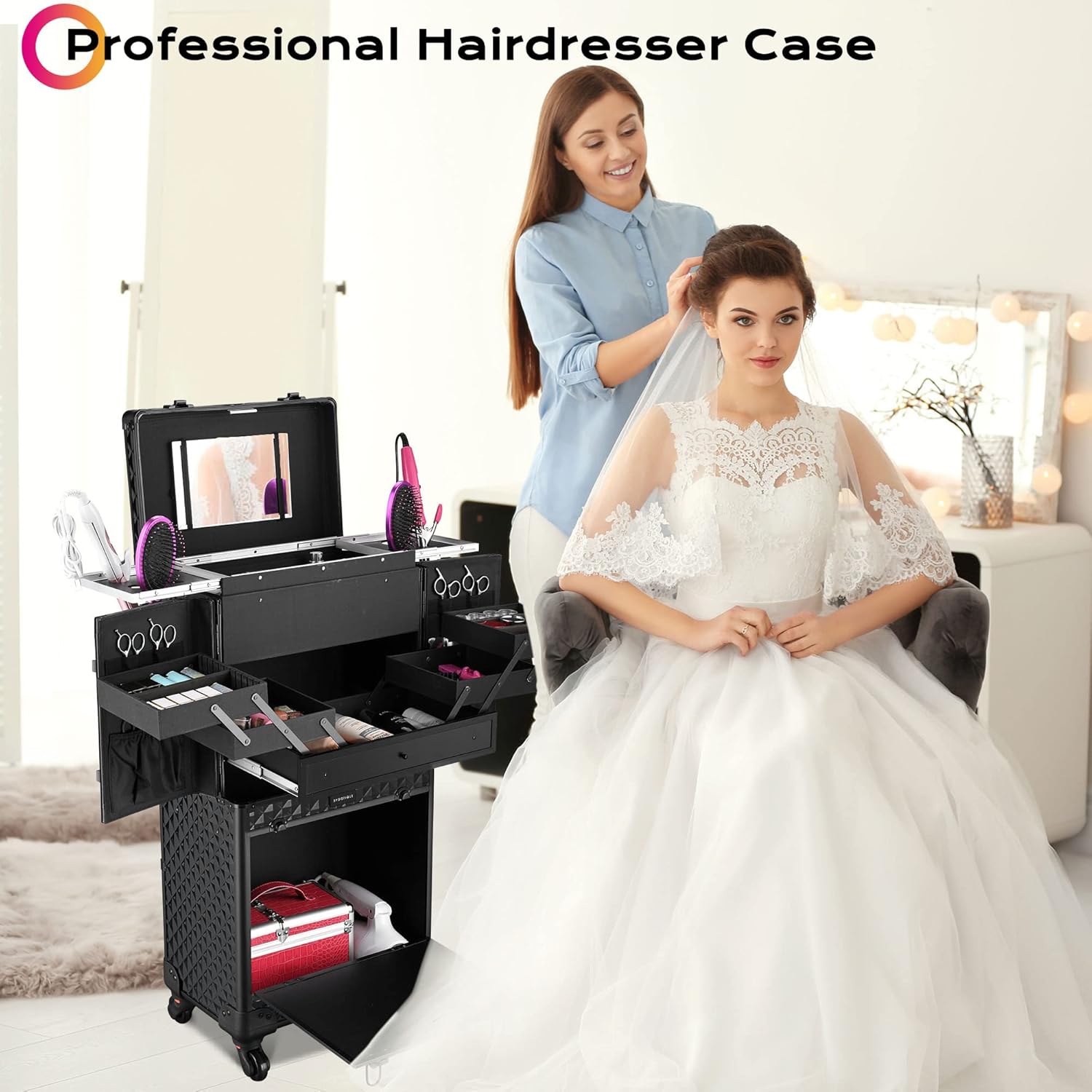 BYOOTIQUE Rolling Makeup Case Trolley with Mirror Cosmetic Organizer Stroage Hair Stylist Barber Extendable Tray Hairdressing Beauty Salon Lockable