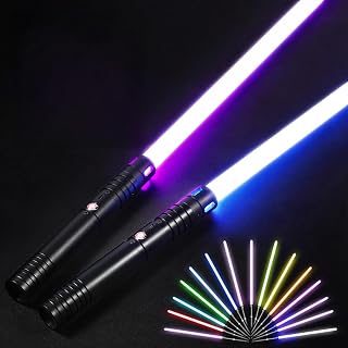 Laserschwert Kinder und Erwachsene - Lichtschwert 2er Set | Wiederaufladbares Doppel Leuchtschwert | Doppelklingen Lichtschwert mit 15 Farben & Soundeffekten | Premium Schwert & schwarzer Metallgriff