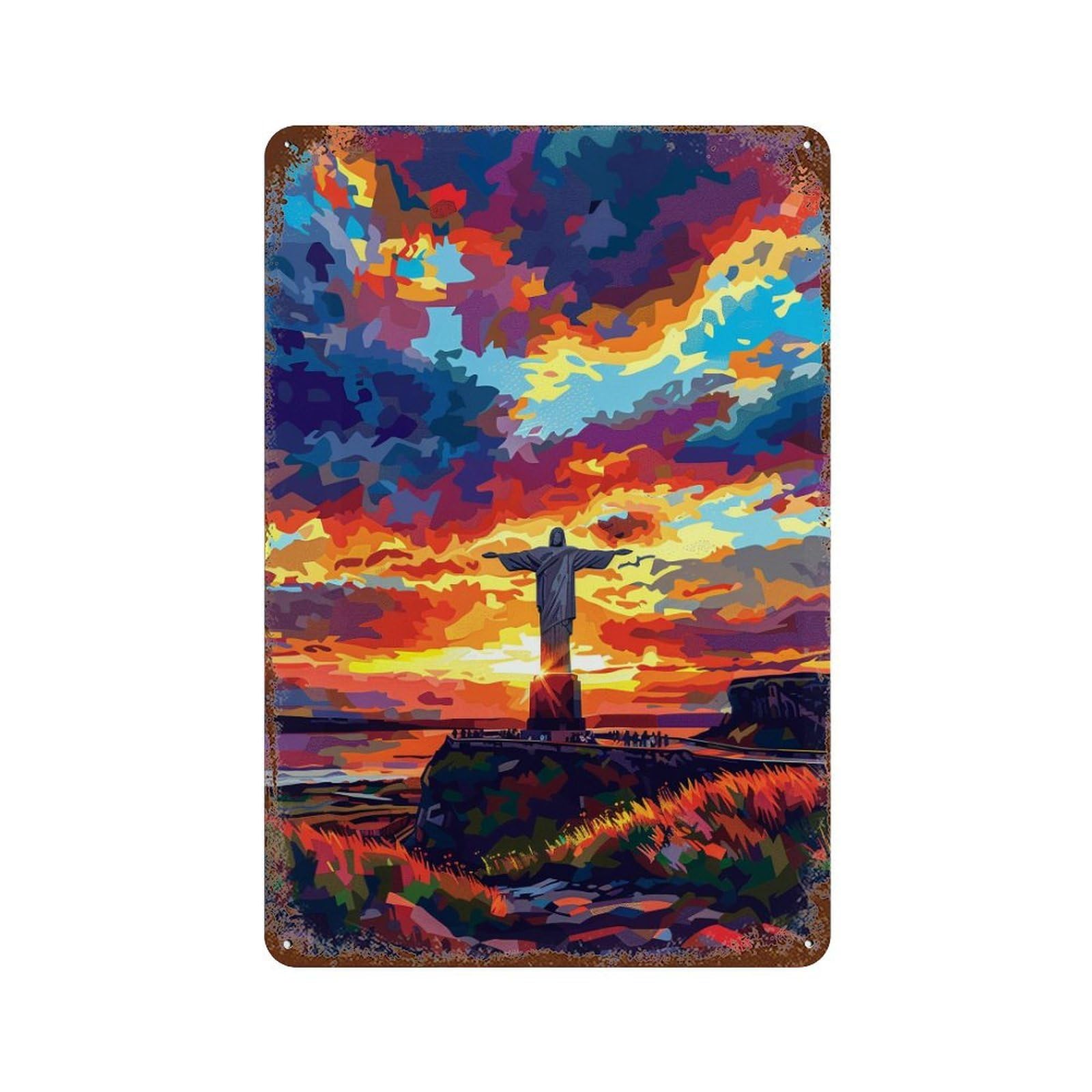 Christ The Redeemer Sunset Rust Effect Tin Sign 11.8"x7.9", Retro Wall Decor for Pub, Kitchen And Man Cave Decor