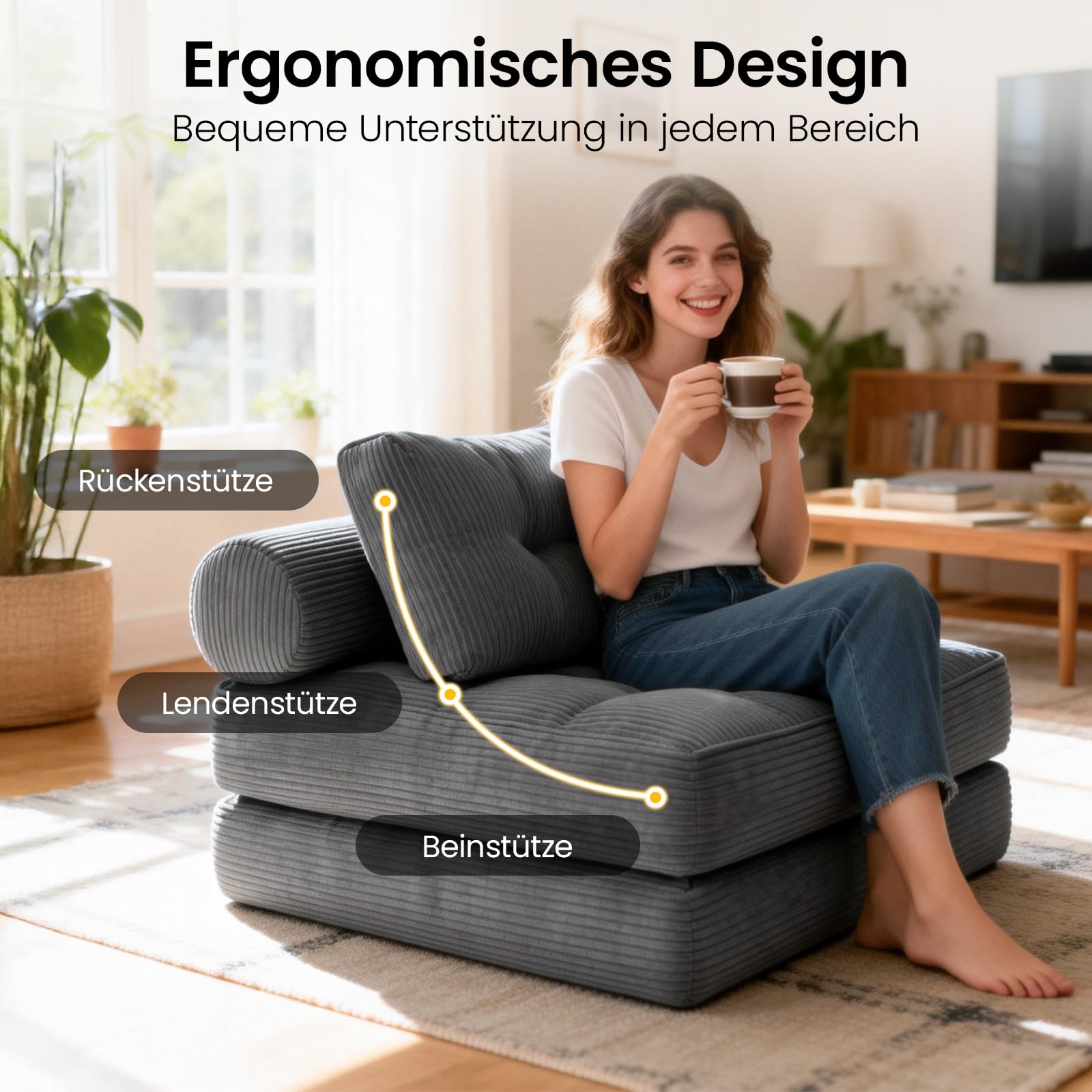 Klappbares Schlafsofa, 4-in-1-Wandelstuhlbett und Sitzsackcouch, platzsparendes Gästebett für kleine Wohnungen, Studentenwohnheime, Wohnzimmer und Schlafzimmer, keine Montage erforderlich (Grau)