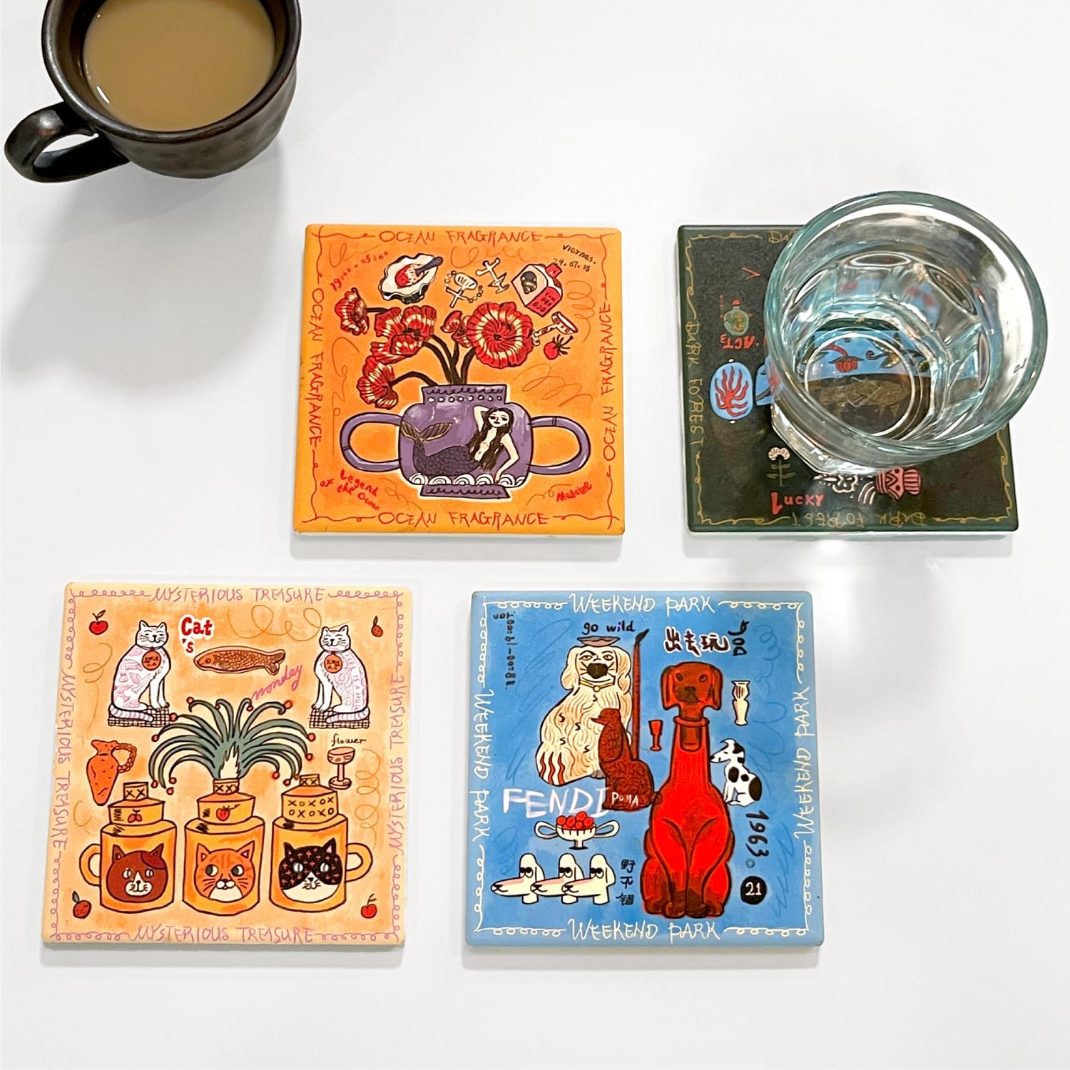 SAMCAM Colorful Art Coasters Set of 4 - Absorbent Ceramic Coasters with Protective Cork Back for Drinks, Cute Table Decor & Gift for Housewarming, 4 Inch